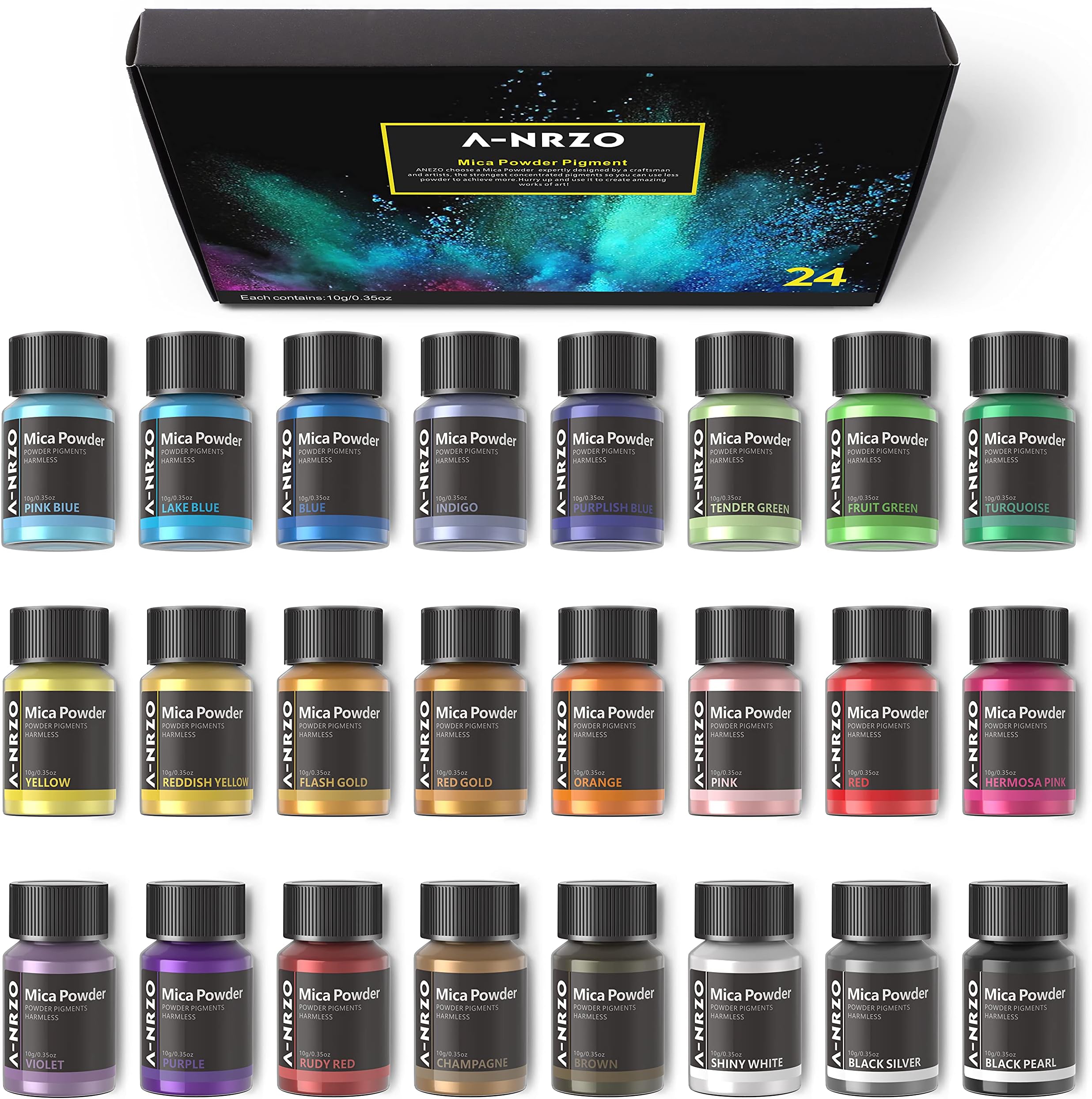 Mica Powder For Epoxy Resin, Pearlescent Powder of 24 Colours*10g, Flash Mica Pigment Powder For Resin Dyes, Lip Gloss, Soap Making, Candle Making, Bath Bombs, Art Crafts and Nails, 0.35oz Each1