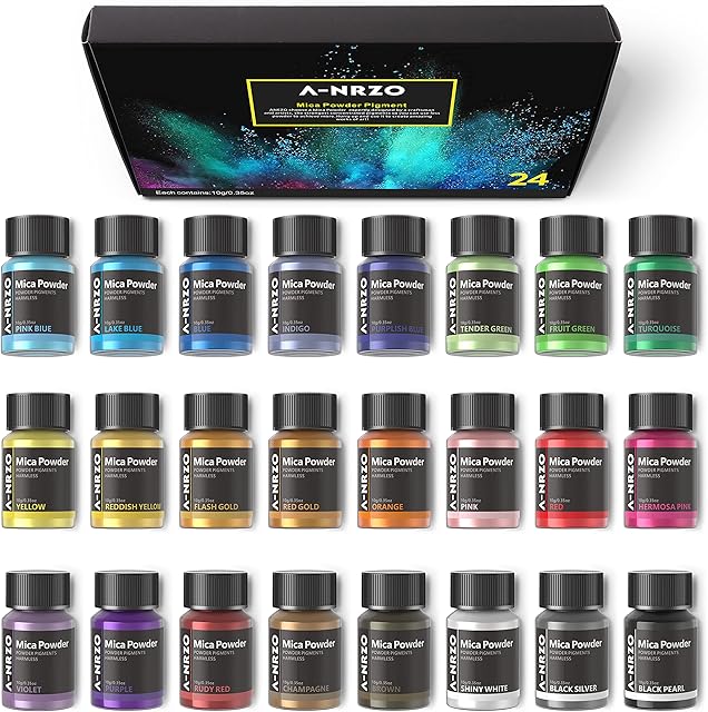 Mica Powder for Epoxy Resin, Pearlescent Powder of 24 Colours*10g, Flash Mica Pigment Powder for Resin Dyes, Lip Gloss, Soap Making, Candle Making, Bath Bombs, Art Crafts and Nails, 0.35oz Each1