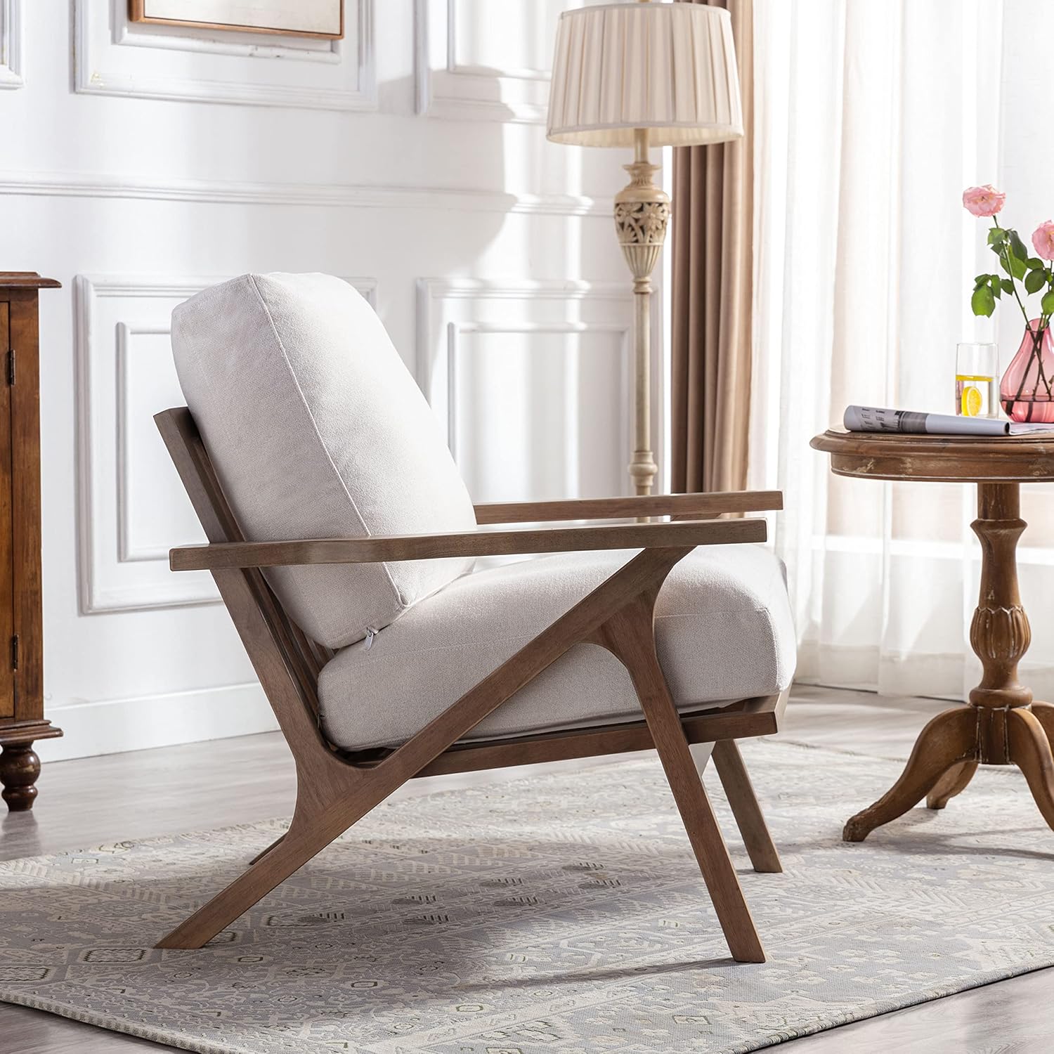 chairus Mid-Century Modern White Linen Accent Chairs Set of 2, Comfy Upholstered Lounge Armchairs with Removable Cushions & Solid Wood Frame, Fabric Reading Chairs for Living Room Bedroom Office