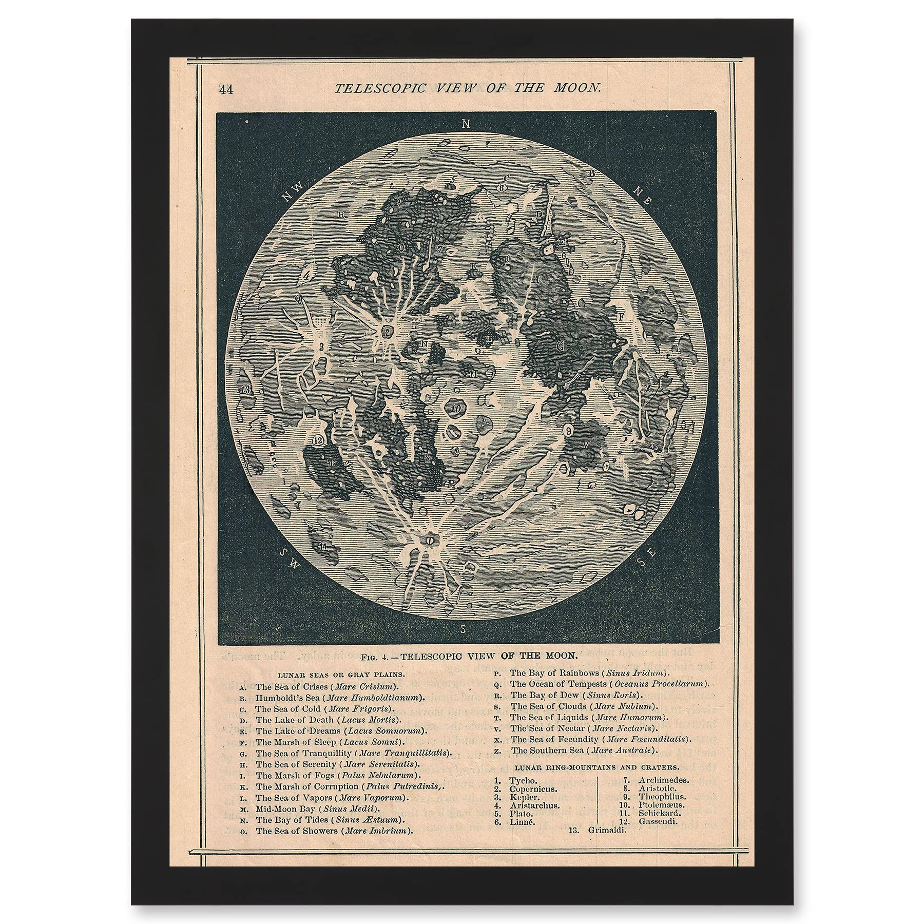 Artery8 Map Illustrated Antique Telescopic Moon A4 Artwork Framed Wall Art Print