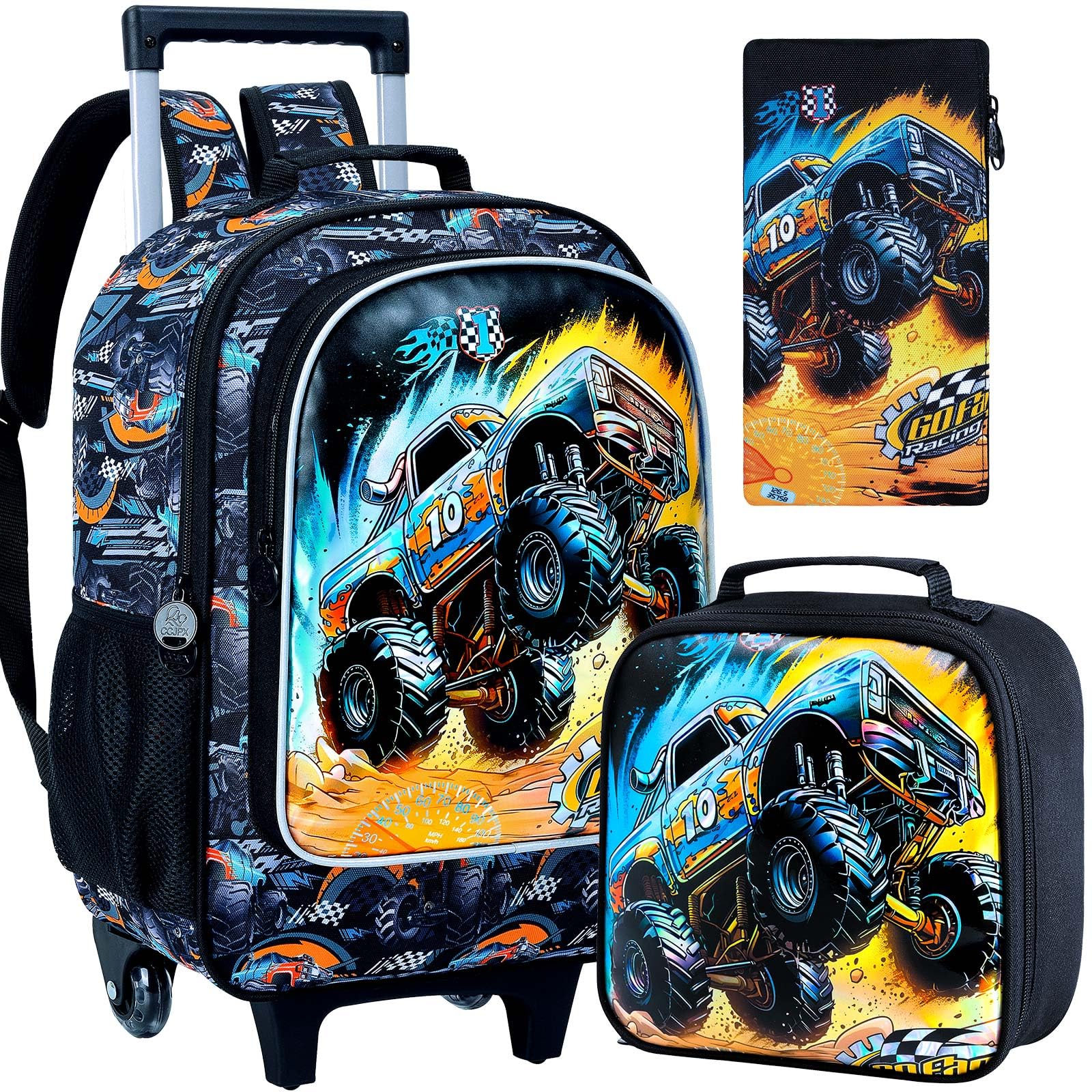 FTJCF 3PCS Truck Rolling Backpack for Boys, Kids Roller Bookbag with Wheels, Car Wheeled School Backpack for Elementary Preschool Kindergarten(Black)