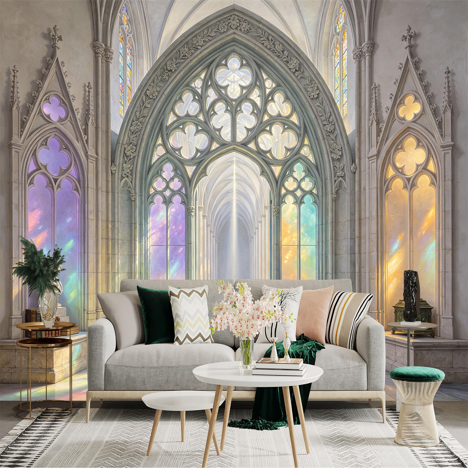 Custom Size Wall Sticker Mural， Gothic Cathedral Hall， Stained Glass Arches， Marble Corridor， for wall Decoration， peelandstick wall Decals.