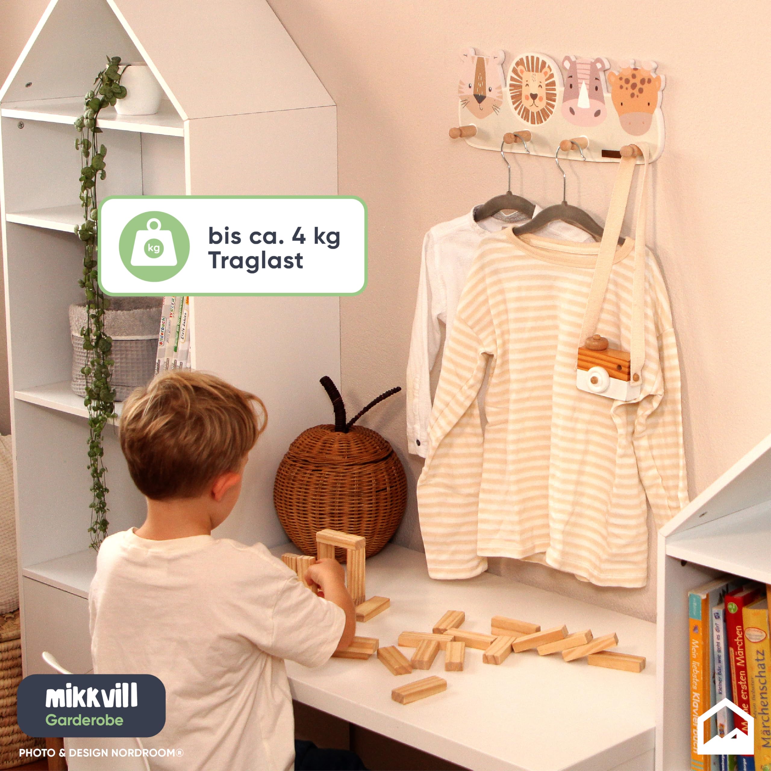 Mikkvill Armadietto per bambino con 4 ganci Appendiabiti da parete in legno motivi animali