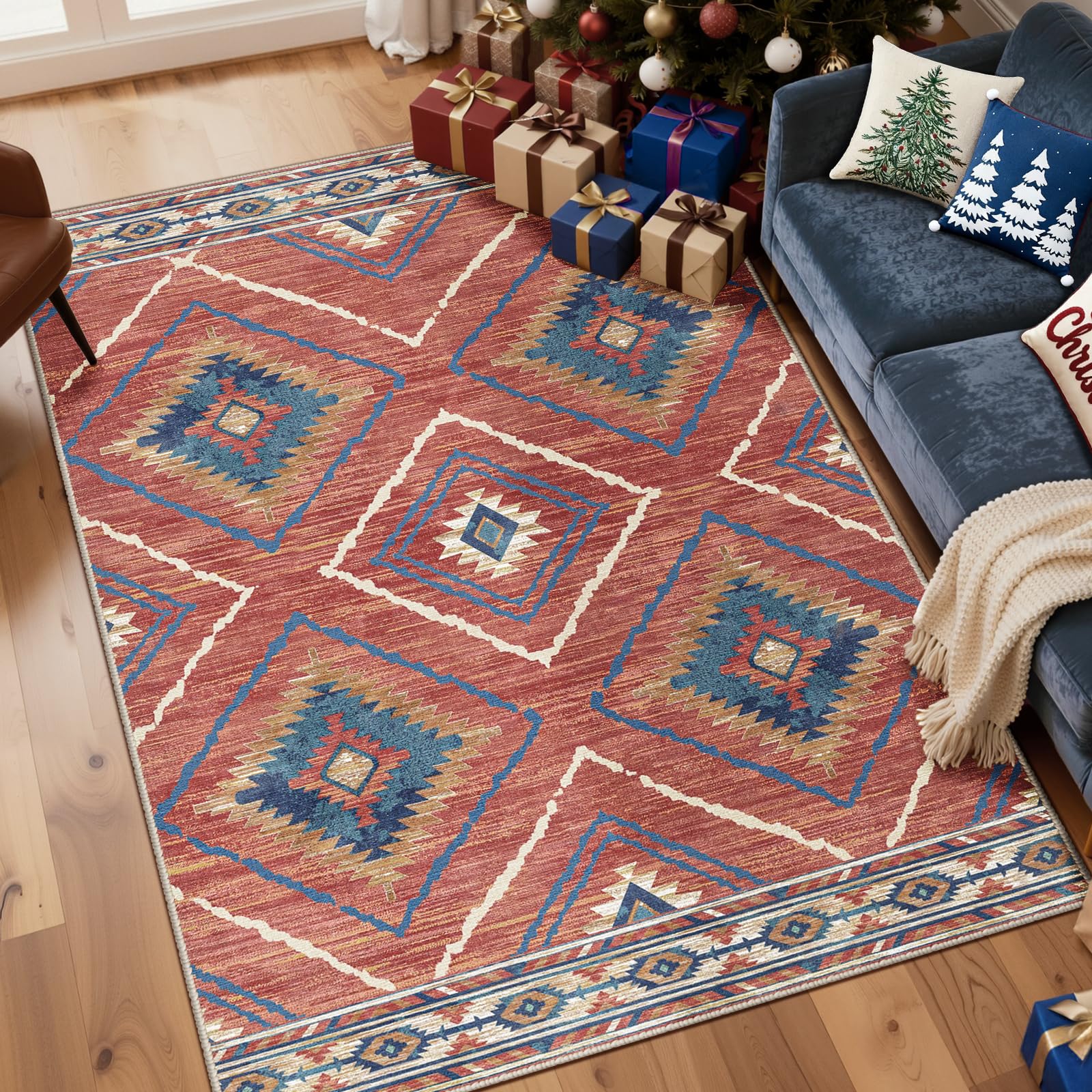 Area Rug 5x7 Rug Machine Washable Non-Slip Low Pile Print Pattern Western Rug for Living Room Bedroom Entryway Tribal Series -Red/Orange