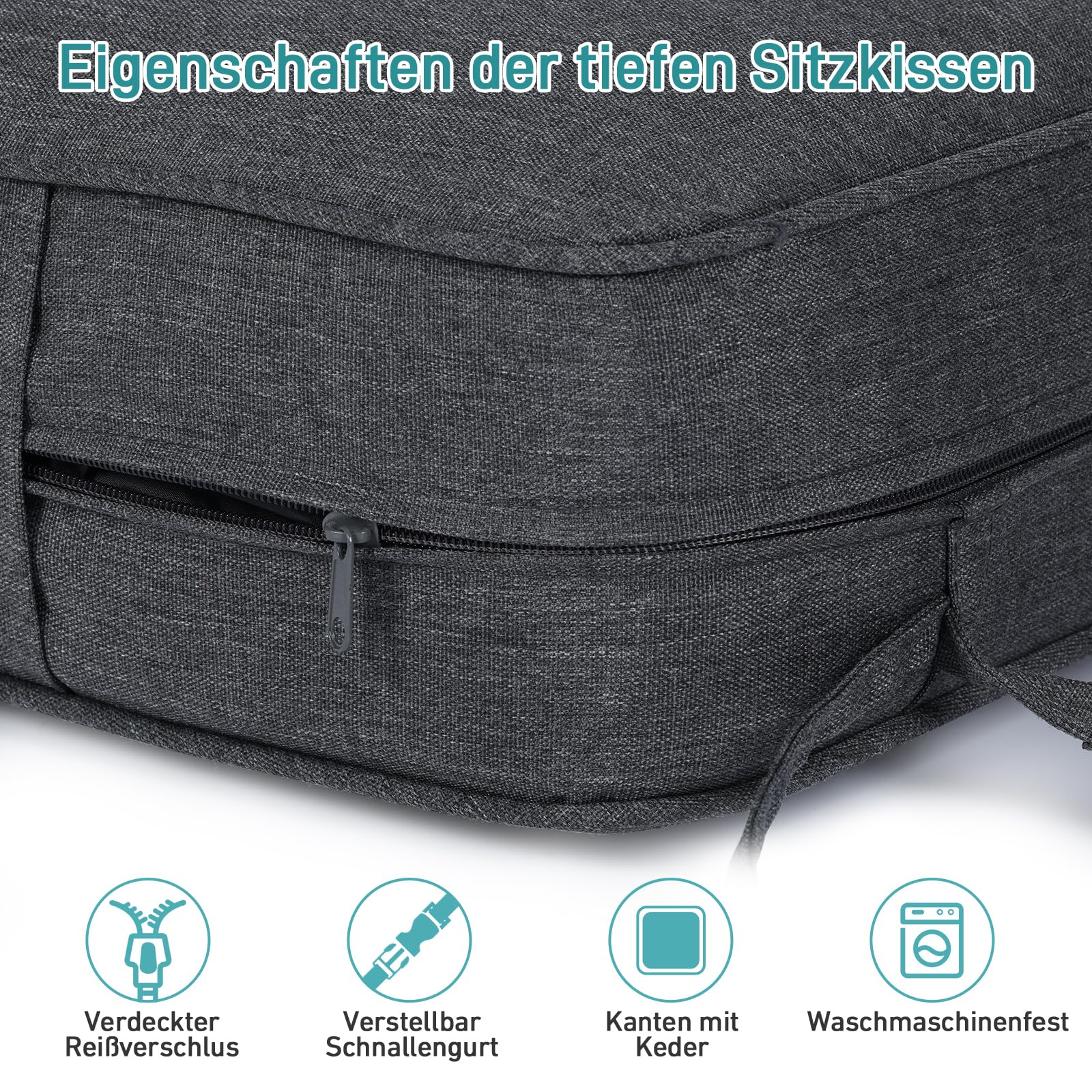 Aoodor Outdoor Sitzkissen, Anthrazit, 61x56x13 cm, 2er-Set | Mit Rückenlehne & Lendenkissen, Wasserabweisendes Olefin-Gewebe, Lichtbeständig, Für Gartenstühle, Rattansessel & Balkonmöbel