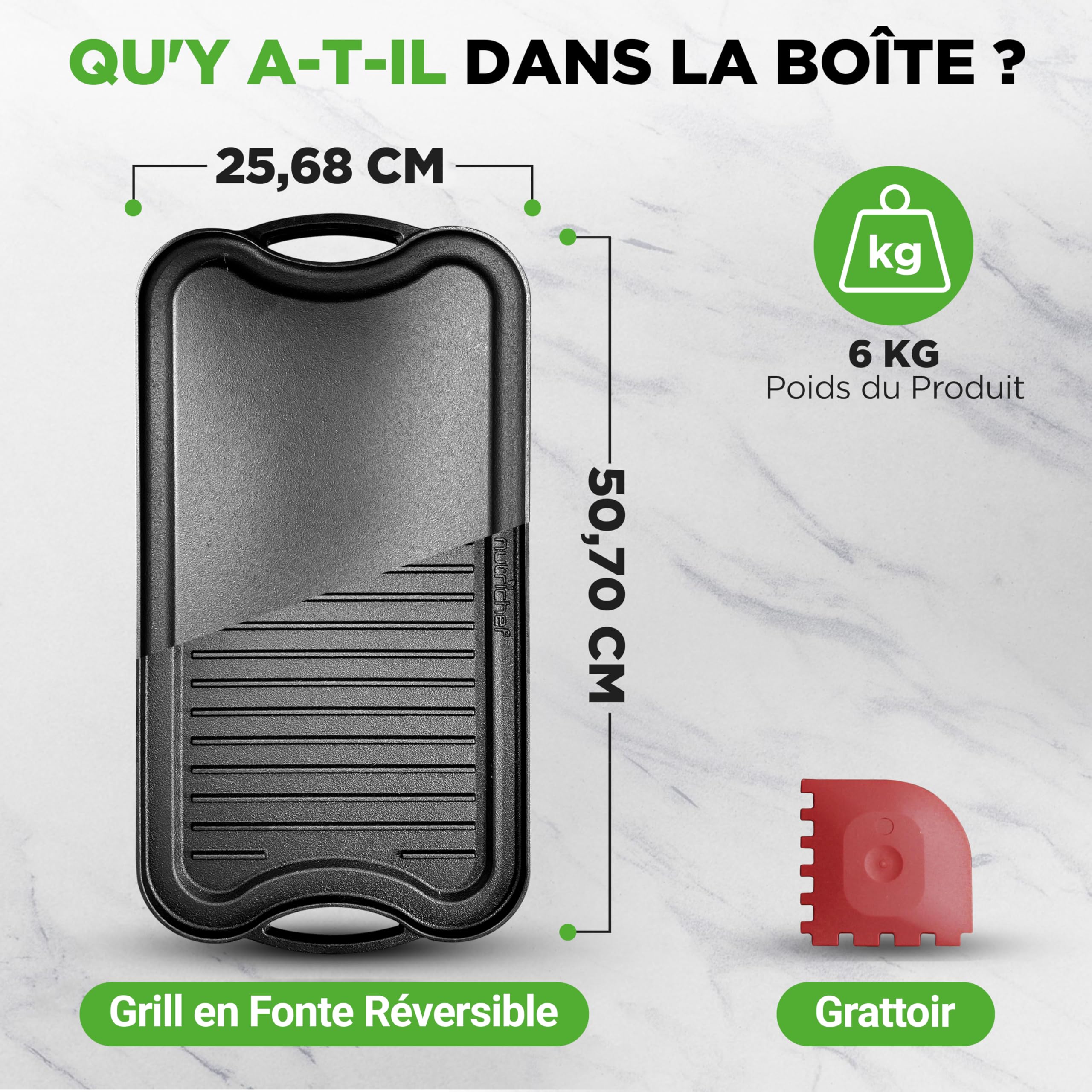 Nutrichef Plaque à Griller Réversible en Fonte-Plancha-Plancha pour Induction-Côtés Plat et Strié-Extra Large-Compatible Four -Sans PFOA et PFOS- Compatible avec Plusieurs Types de Plaques de Cuisson