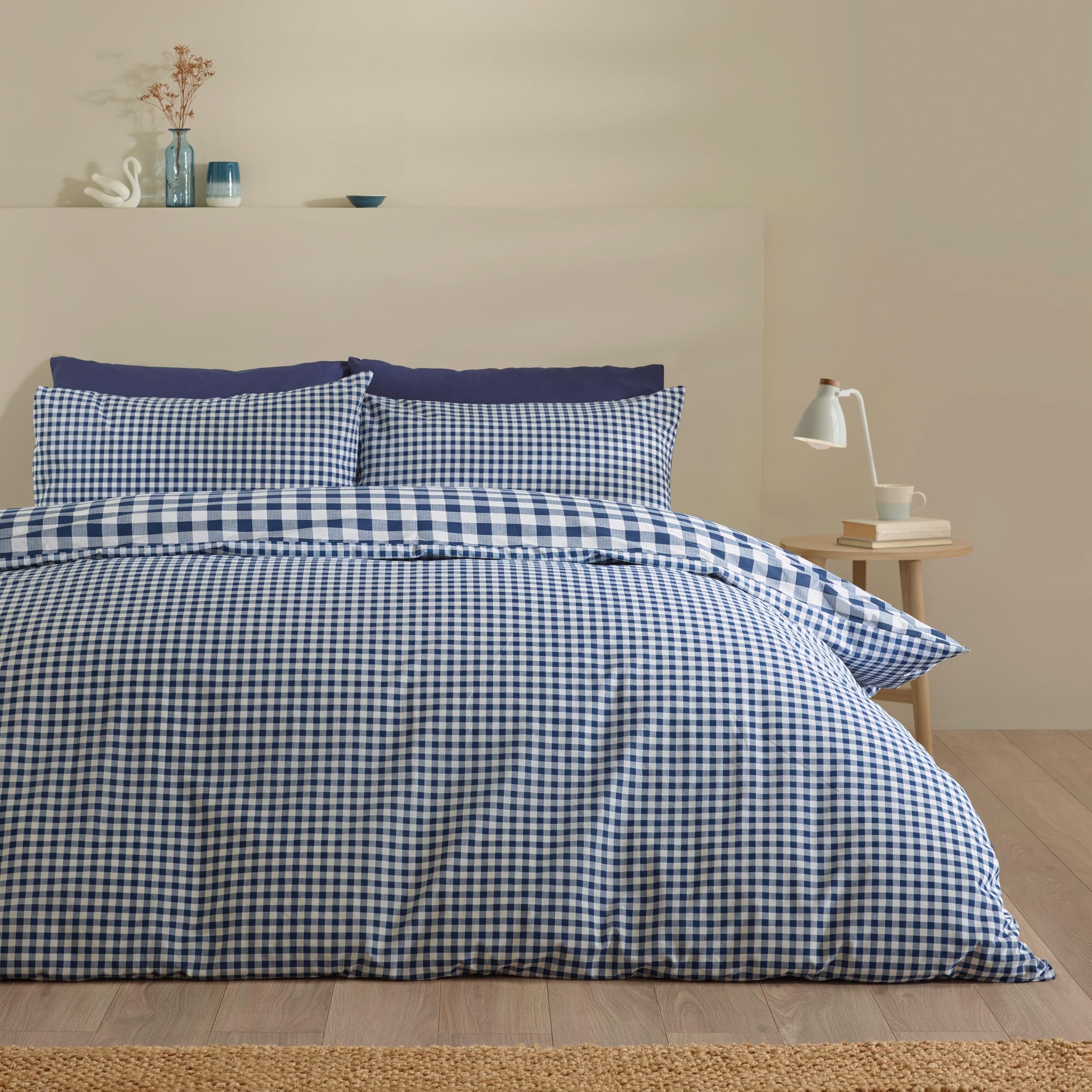 Catherine Lansfield Bamford Gingham Check Reversible King Duvet Cover Set with Pillowcases Navy Blue