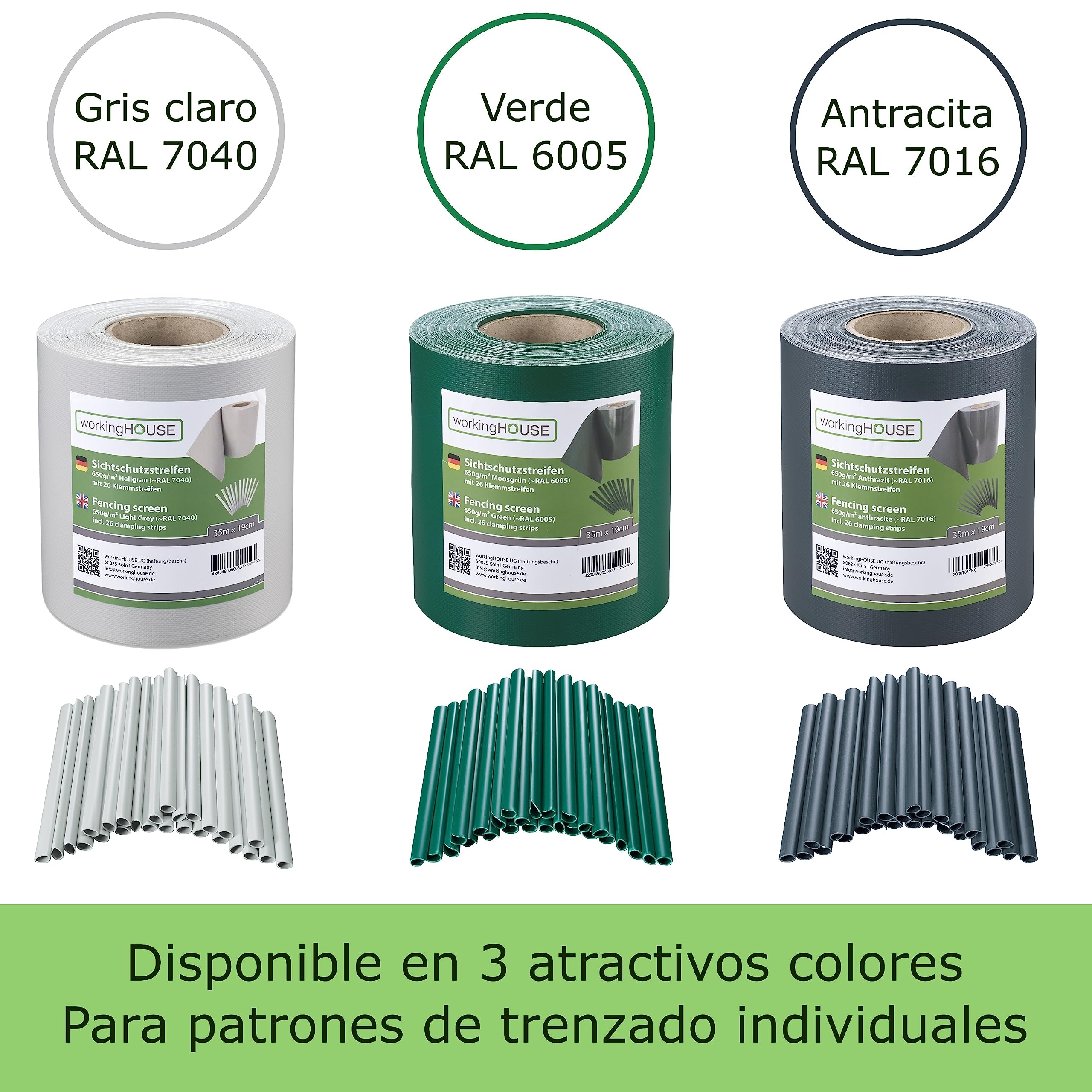 Workinghouse PVC pantalla de privacidad tiras para valla de doble piquete - 650g 35m x 19cm - valla de privacidad valla de jardín pantalla de privacidad película de valla - incl. 26 clips