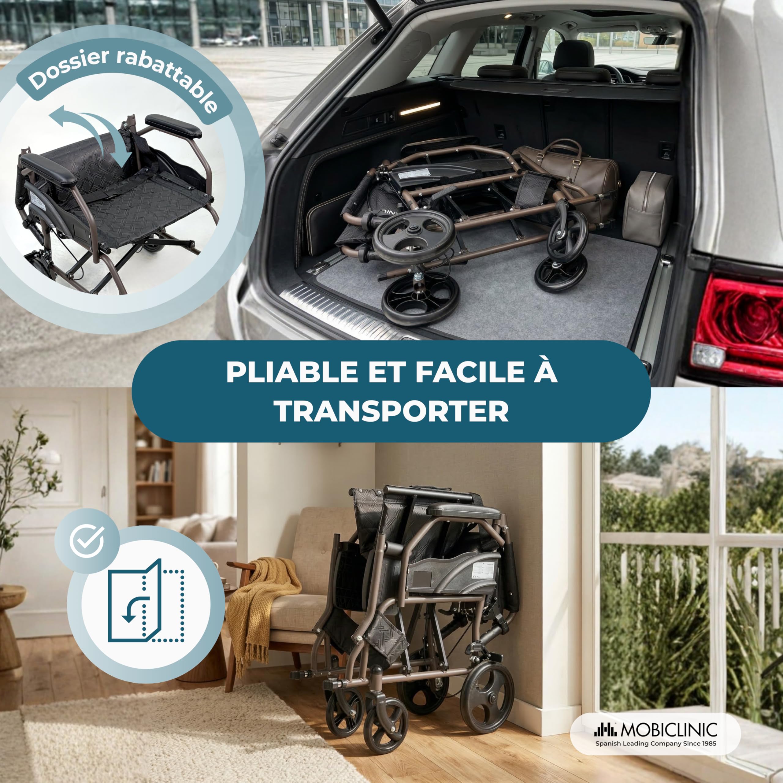 Mobiclinic®, Fauteuil Roulant Pliant, de Transit, Dossier et Repose-pieds Rabattables, Double Système de Freinage, Accoudoirs Rembourrés, Acier, Léger et Compact, Kefren