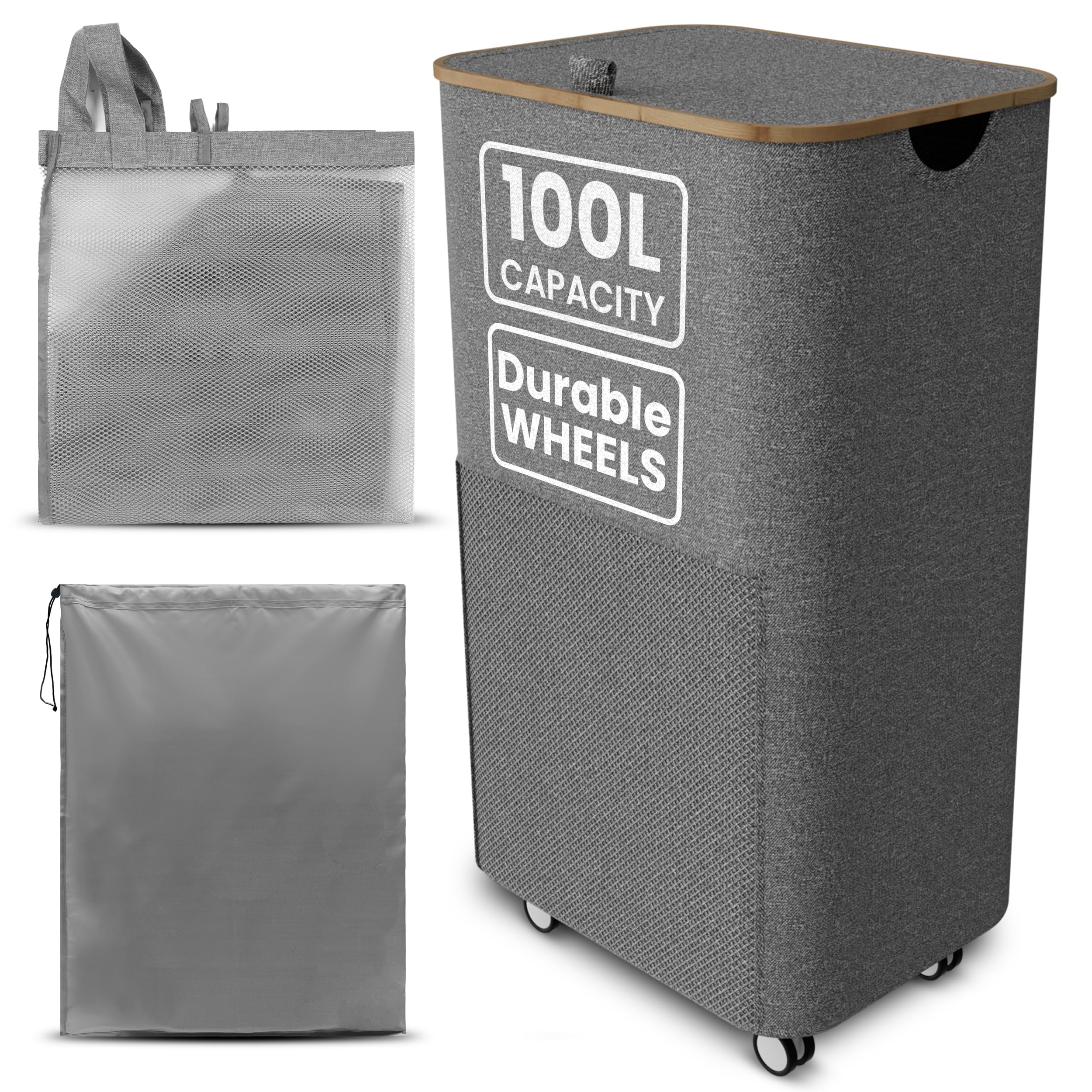 Laundry Basket with Wheels and Handle - 100L Bamboo-Fabric Laundry Hamper with Lid, Front Mesh Pocket, Travel Bag, Sturdy Wheels, Gray