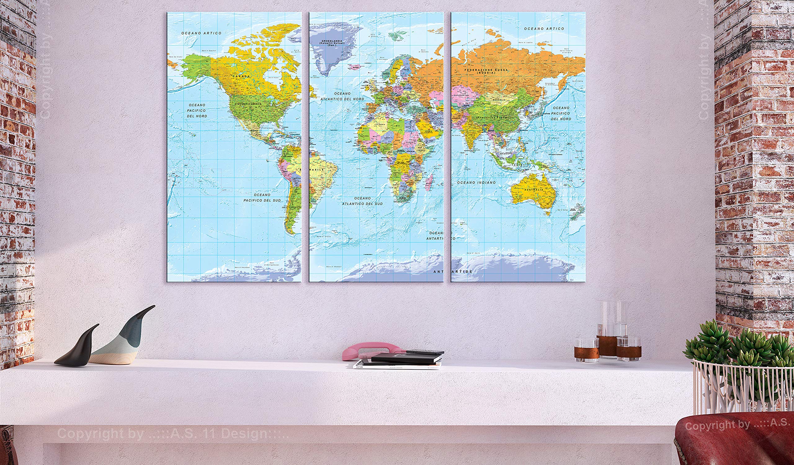 murando - Lavagna Di Sughero per Puntine - Mappa Mondo 120x80 cm 3 Pezzi - Bacheca Sughero da Parete & Quadri Componibili in un Uno - Grande Decorativo per Parete per le Note - Terra k-A-0460-p-e