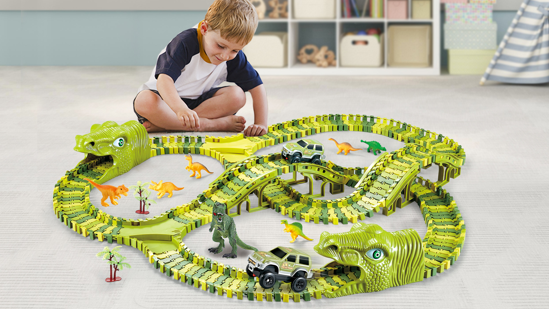 burgkidz Pistes de Course de Dinosaures Jeu de Jouets de Véhicules, 387 Pièces de Voies De Train Dinos Flexibles avec 2 Voitures de Course Et 6 Jouets de Dinosaures pour Enfants