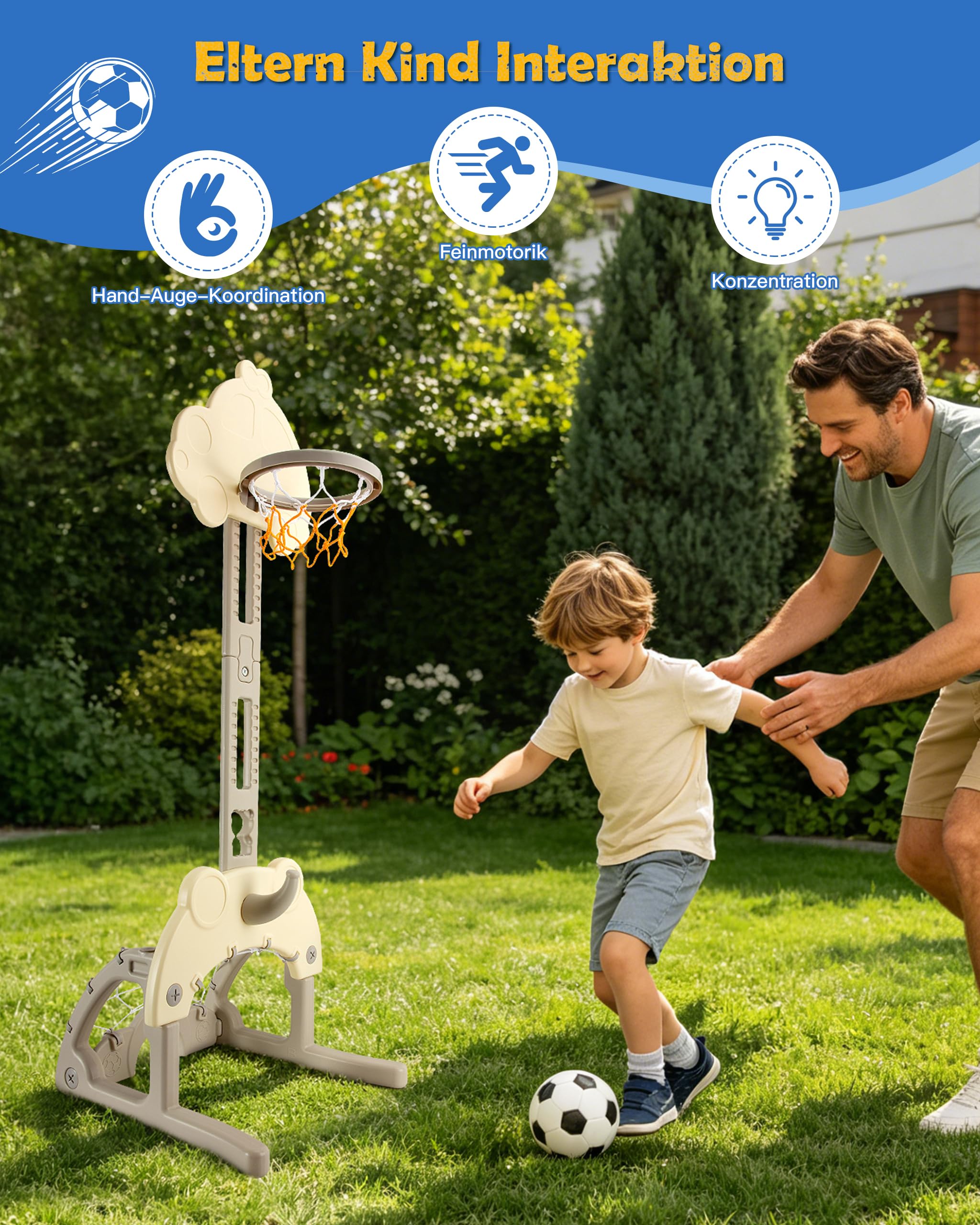 4 in 1 Kinder Basketballkorb Indoor - Basketballständer mit Basketball, Fußball, Golf, Ringwurf, Höhenverstellbarer 78-142cm, Outdoor für Kinder ab 1-7 Jahren, Garten Geschenk Spielzeug