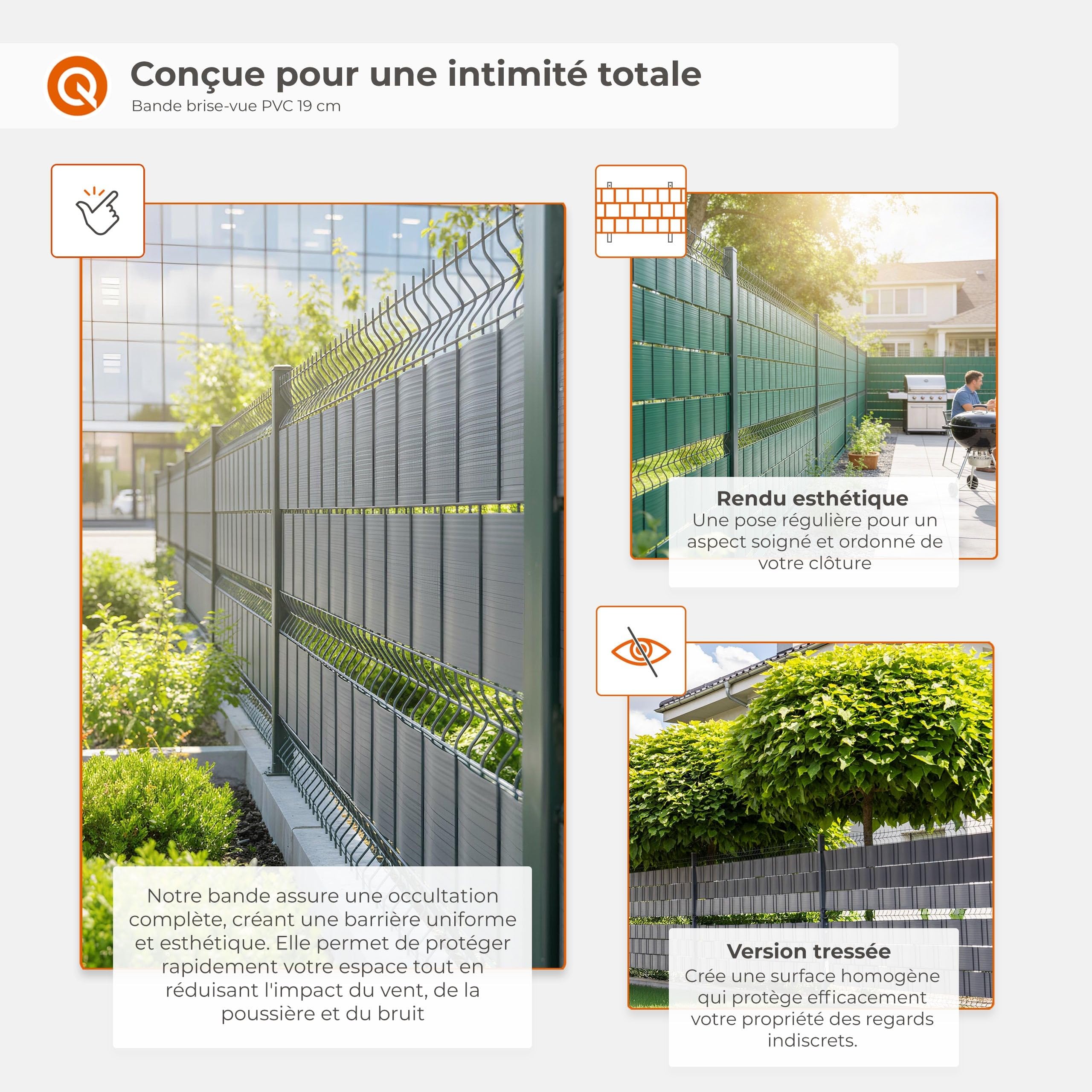 Quest 10x Bande Brise-Vue 19 cm en PVC avec 20 Clips- Graphite, 2,52 m