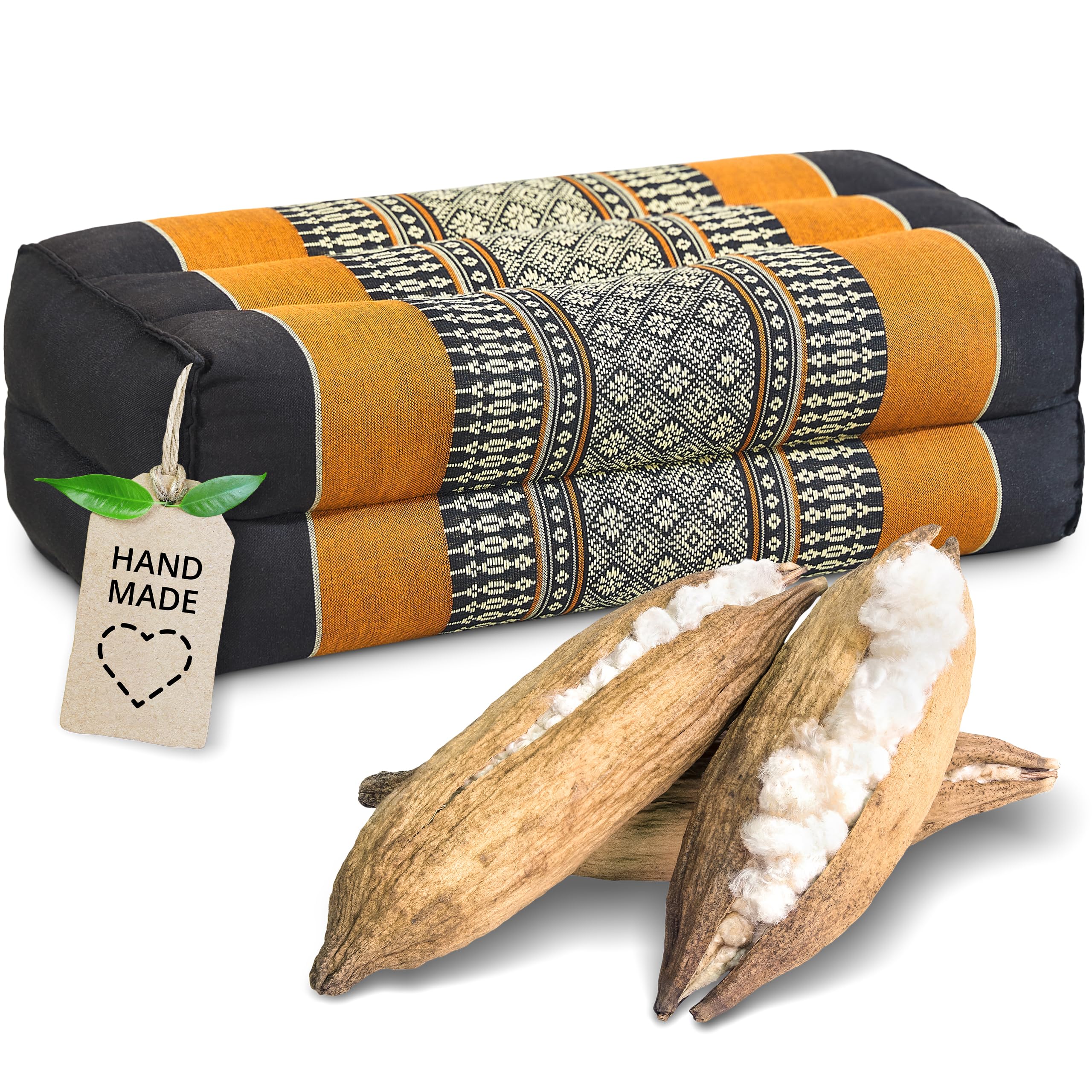livasia block yoga cushion square-cut - 7x13x5″ - Meditation kapok, Rectangular bolster support cushion, Yoga Pilates accessory neck pillow, Thai cushion firm hand made (Black/Orange) — image 1