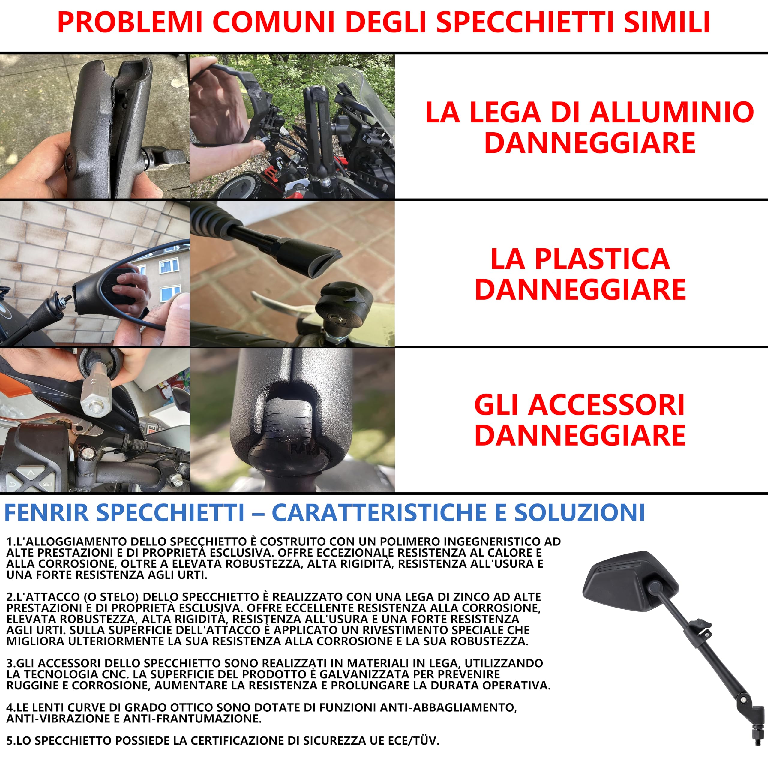 FENRIR Omologati Specchietti Moto Specchietto Retrovisore Indistruttibili Pieghevole Antiriflesso Lenti Curve Design Antivibrazione Regolabili per strada fuoristrada Enduro Adventure Tourer(801-0118)