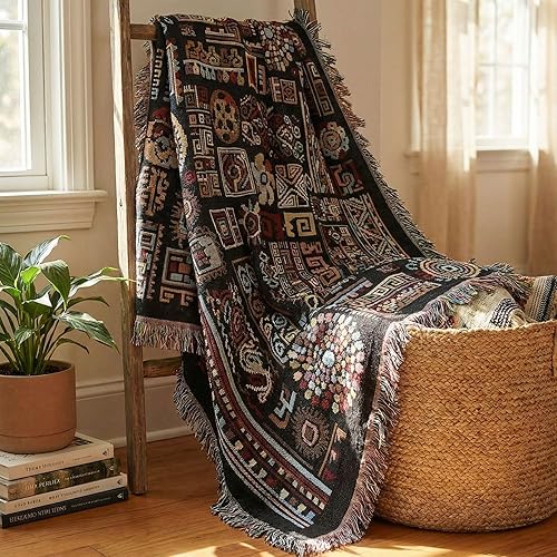 Miniatura 2 de DaDa Bedding - Elegante manta de tapiz con adornos bohemios, tela étnica única, formas geométricas, color negro con borlas de flecos, diseño