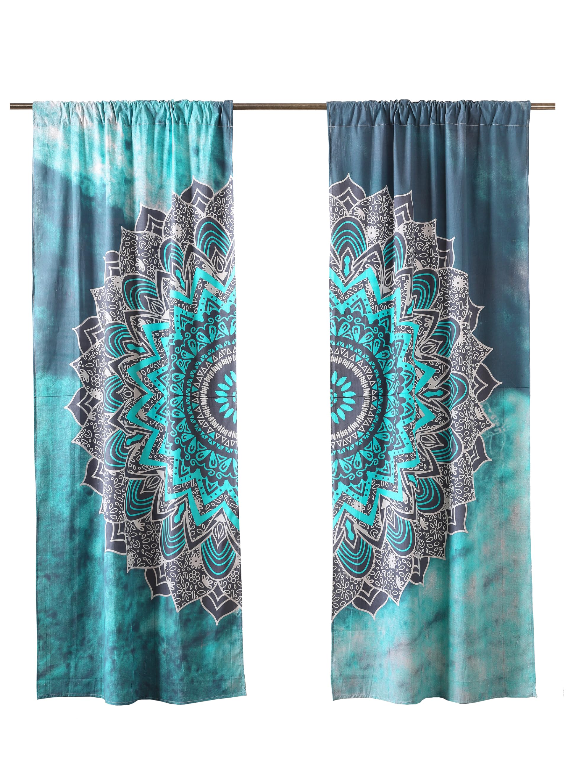Popular Handicrafts Hippie-Mandala-Ombre-Vorhänge, für Wohnzimmer oder Schlafzimmer, lichtdurchlässige, halbtransparente Boho-Landhausgardinen, 193,0 x 210,8 cm (B x L), Türkis, 2er-Set