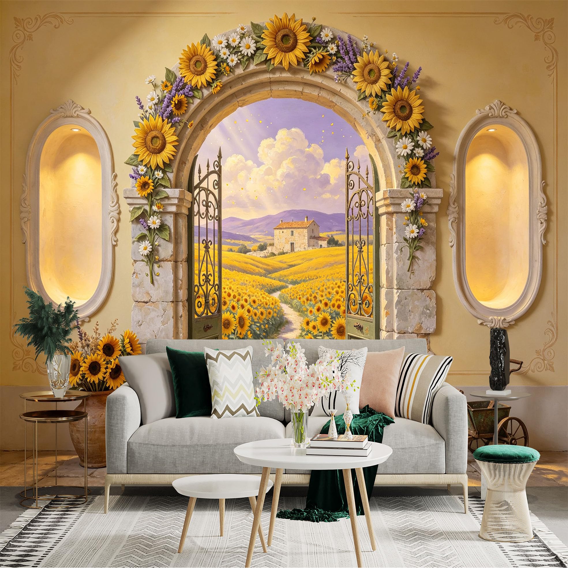 Custom Size Wall Sticker Mural， Rustic Sunflower Archway， Countryside Path and Floral Landscape， for wall Decoration， peelandstick wall Decals.