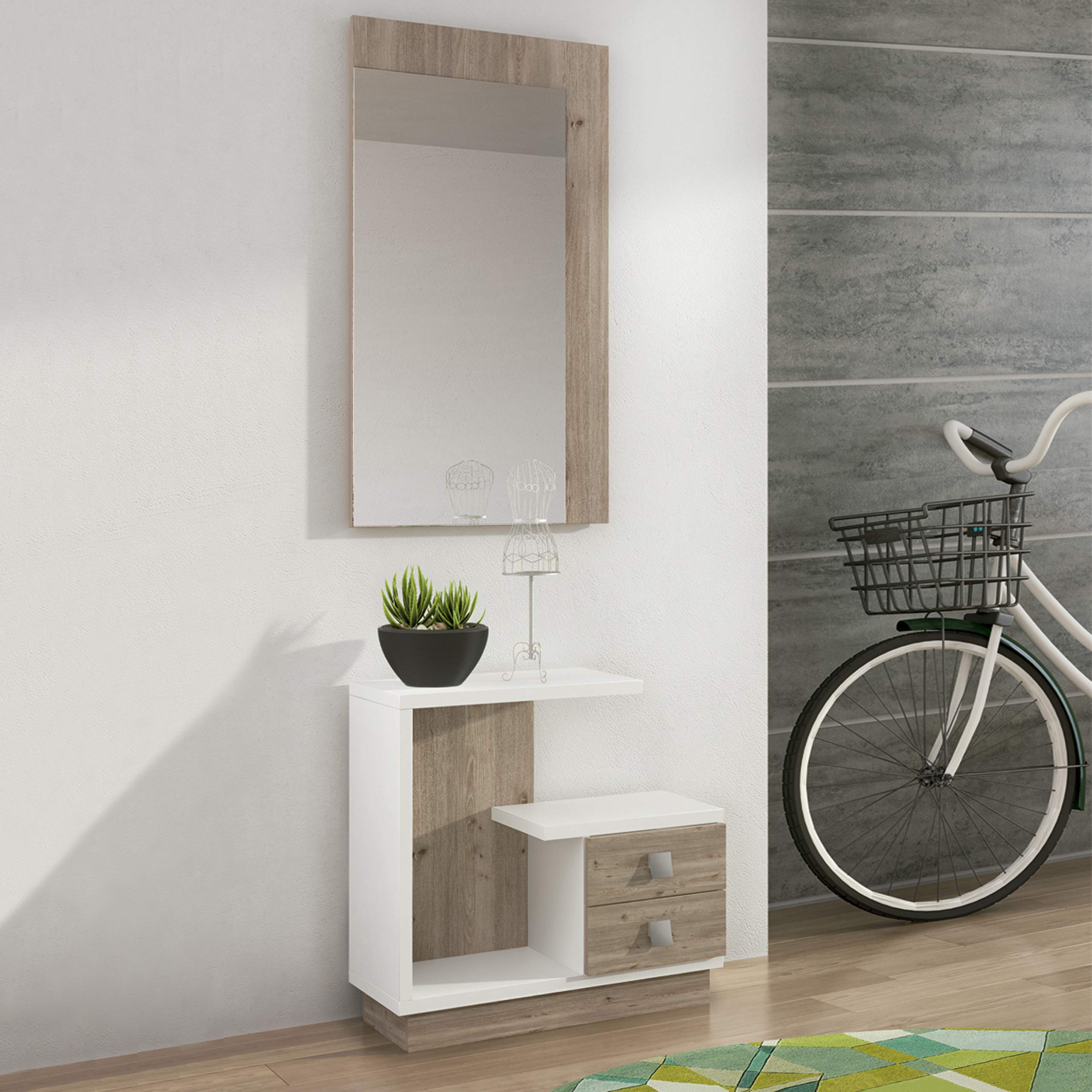 Recibidor con Espejo y 2 Cajones, Mueble de Entrada, Modelo Star, Acabado en Blanco y Nelson, Medidas: 75 cm Largo x 27.9 cm Fondo x 71 cm Alto