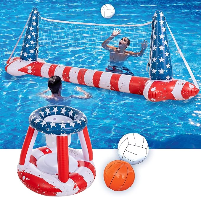 Inflatable Pool Floats Set American Flag Volleyball Net & Basketball Hoops