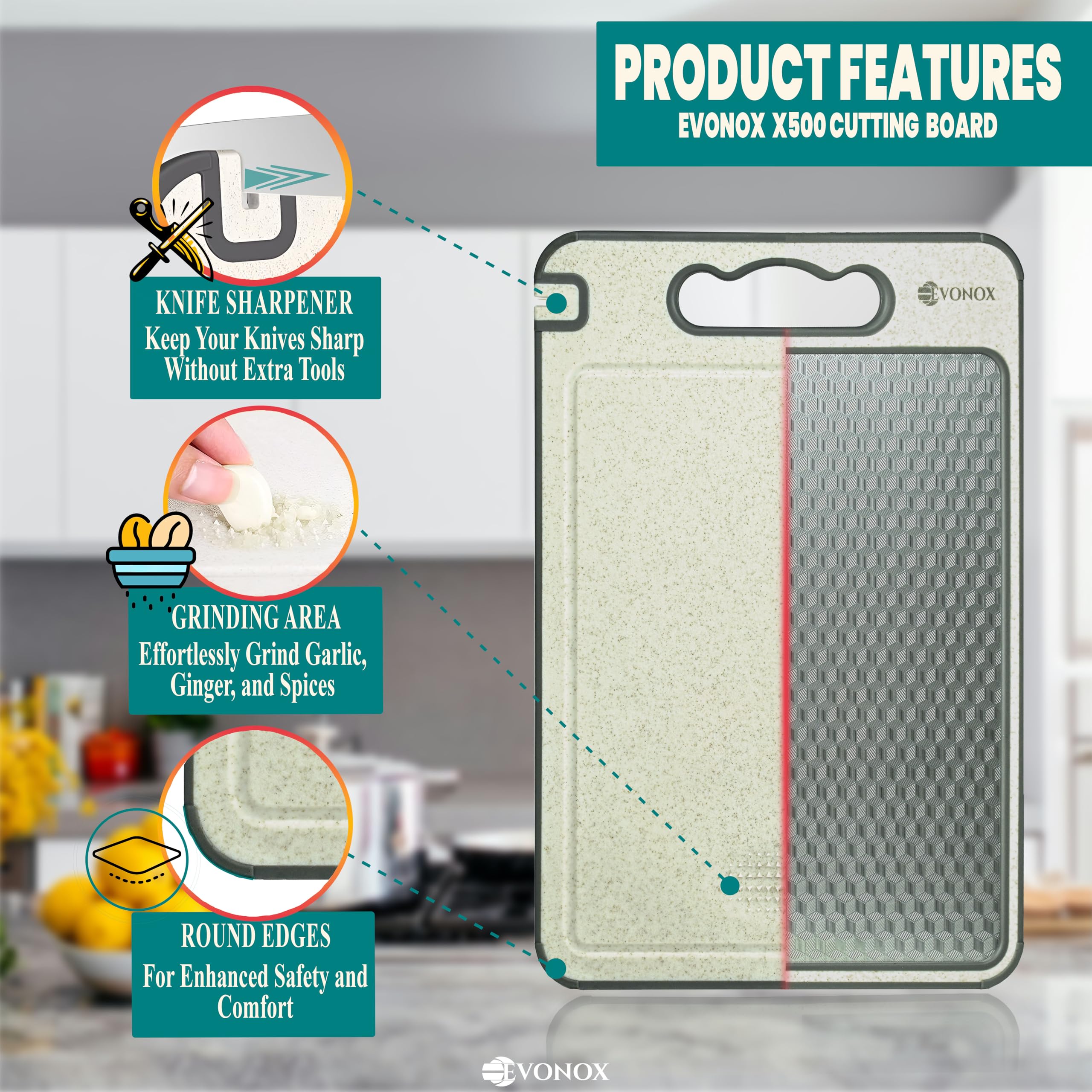 EVONOX Tablas de cortar de acero inoxidable para cocina, de doble cara, ligeras, aptas para lavavajillas, fáciles de limpiar, no tóxicas, bordes antideslizantes, tabla de cortar grande de paja de