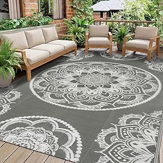 Outdoor Teppich Wetterfest 150×245 cm, Wendbarer Balkon Teppich Boho Wasserfest Aussen Grau, Kunststoff Stroh Camping Teppich für Draußen Terassen Garten Picknick Wohnmobil