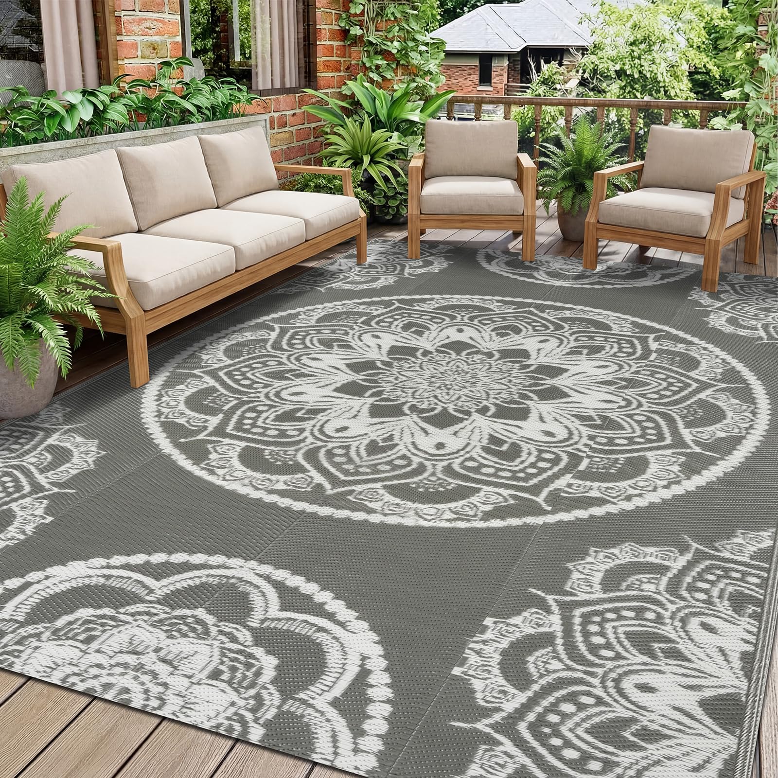 Outdoor Teppich Wetterfest 150×245 cm, Wendbarer Balkon Teppich Boho Wasserfest Aussen Grau, Kunststoff Stroh Camping Teppich für Draußen Terassen Garten Picknick Wohnmobil