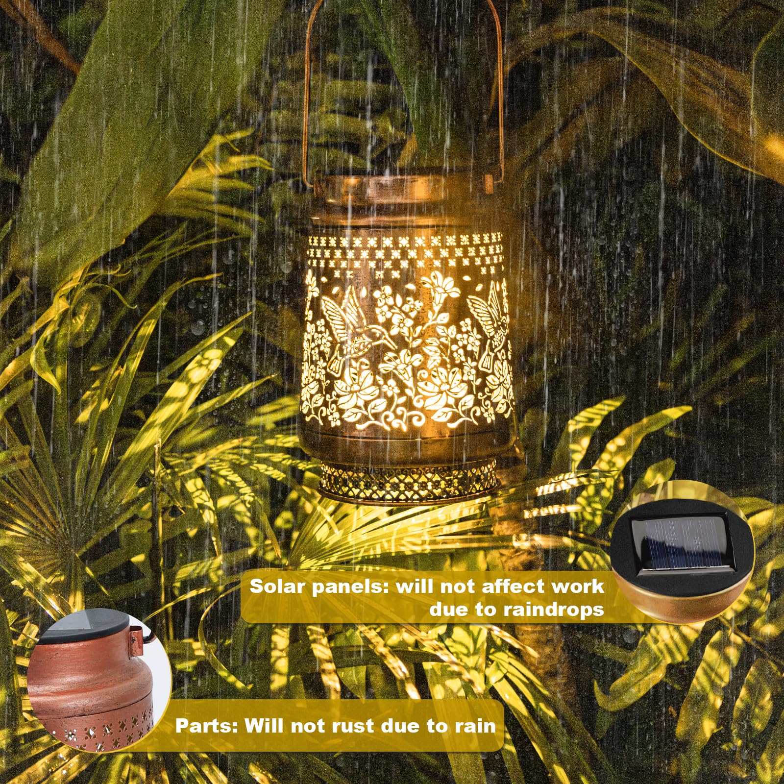 2x Solarlaternen Für Außen – Kolibri-Muster, Metall, IP65 Wasserdicht, Warmweißes LED-Licht, 11x17 Cm