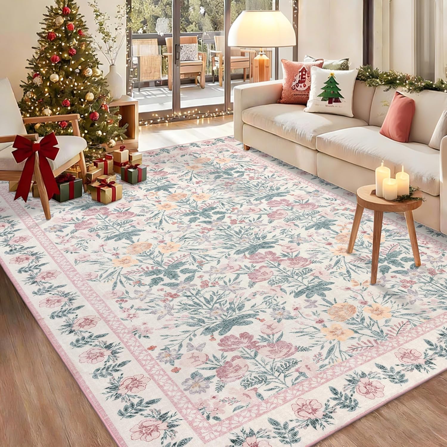 Pink Rugs for Bedroom Girls: Floral 5x7 Washable Area Rug for Nursery Kids Room Living Room Boho Decor - Soft Non-Slip Non-Shedding Carpet