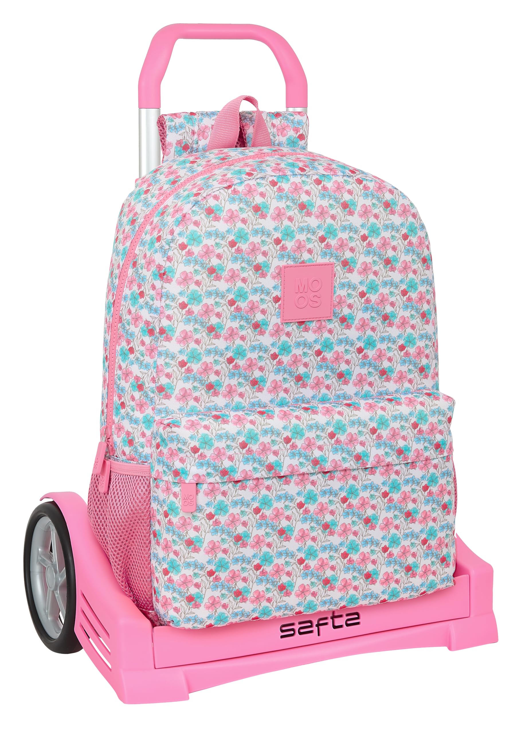 Safta MOOS FLORES - Mochila Escolar, con Carro Evolution Incluido, Ideal para Niños de Diferentes Edades, Cómoda y Versátil, Calidad y Resistencia, Color Multicolor
