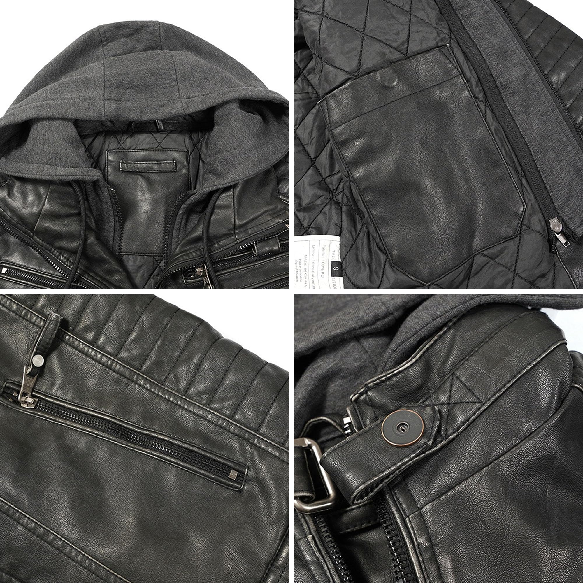Chaqueta de motociclista retro de piel sintética para hombre, con cuello alto, cremallera y capucha extraíble, ropa abrigo informal