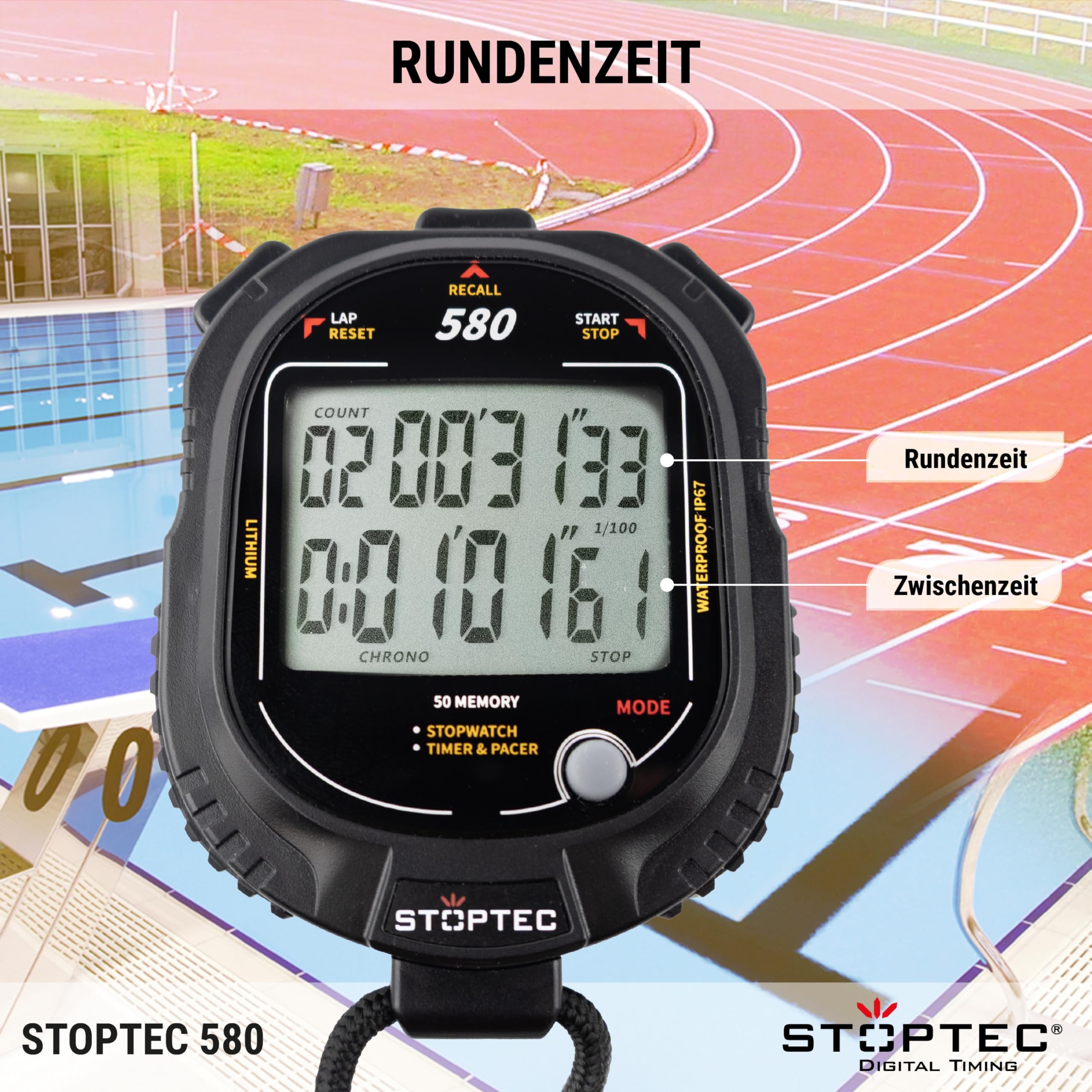 Stoptec Cronometro 580, grande display a 2 righe, meccanismo a punto di pressione, 50 memorie, timer, Pacer, resistente alla polvere e all'acqua (IP67)