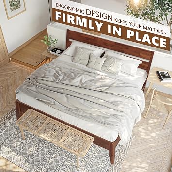 Acacia Emery Bed Frame with Headboard Solid Wood Platform Bed, King Size Bed Frame, Mid - Century Modern Wood Bed Compatible with All Mattresses, Easy Assembly, Non-Slip, Walnut
