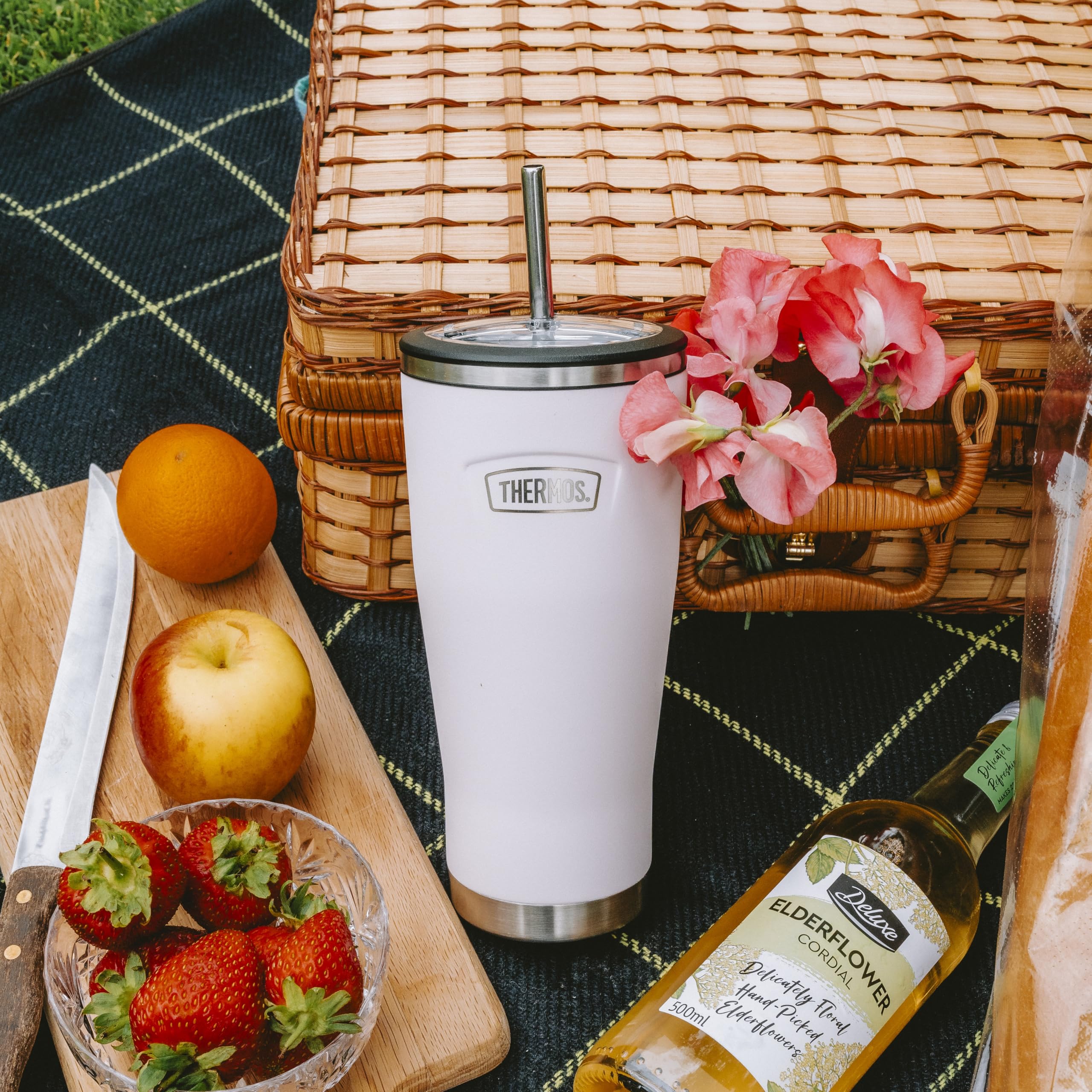 Thermos Trinkflasche aus Edelstahl, Motiv: Harebell Blue Icon (710 ml), BPA-freie Metall-Wasserflasche mit Strohhalm, wiederverwendbare Sportflasche, 22 Stunden Kaltgetränke, spülmaschinenfest | Thermoisolierte Wasserflasche für Erwachsene, Edelstahl, mit
