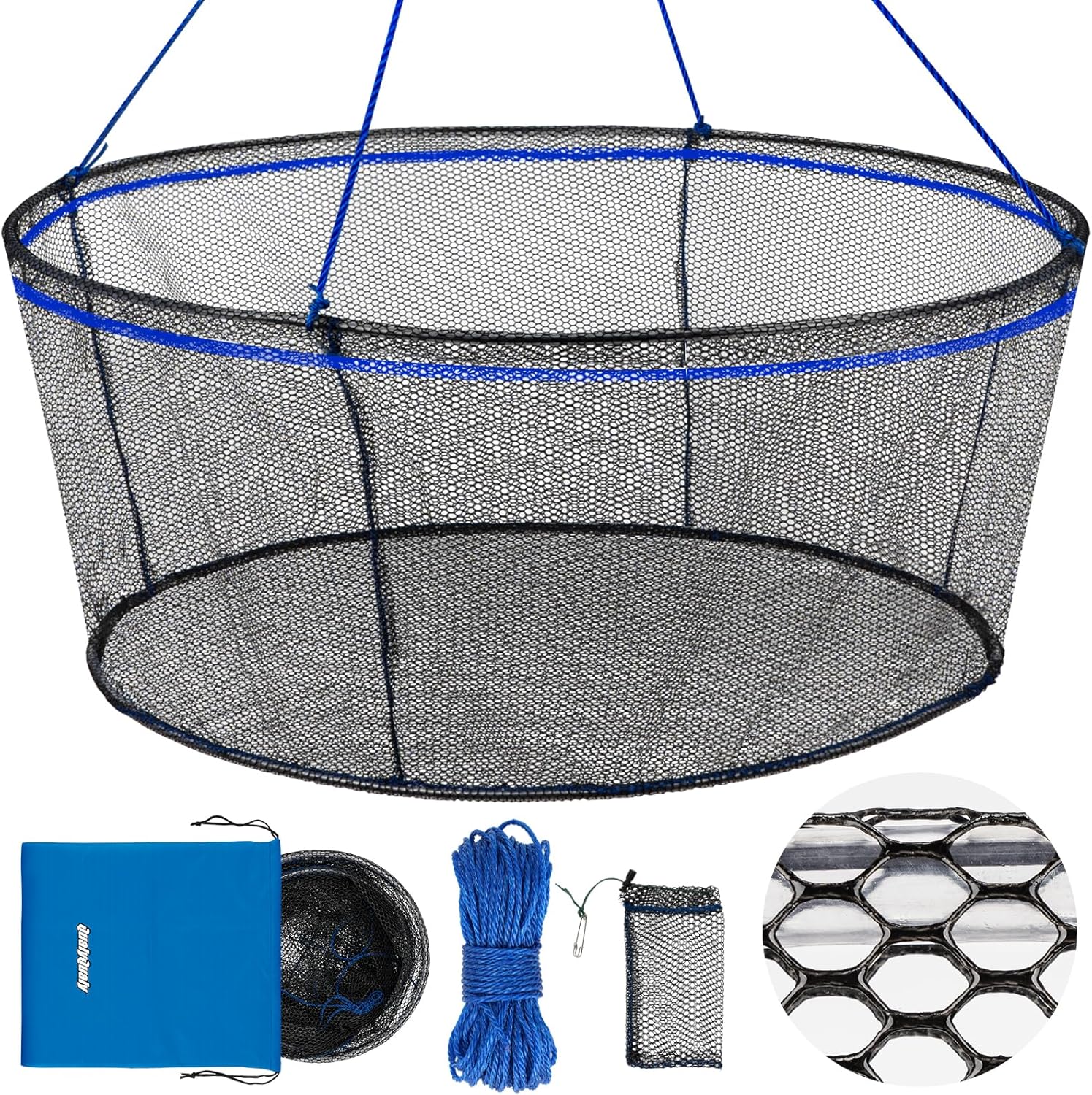 QualyQualy Foldable Fishing Net, Landing Fishing Pier Nets 31"/40" Hoop, Drop Net for Pulling Up Fish with Rope, Portable Bridge Fishing Net for Minnows, Crawfish, Shrimp