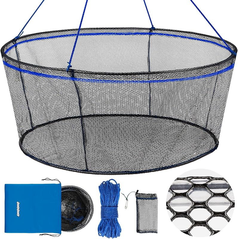 QualyQualy Red de pesca plegable, redes de muelle de pesca de aterrizaje de aro de 31"/40", red de caída para tirar de peces con cuerda, red de pesca de puente portátil para pececillos, cangrejos, camarones