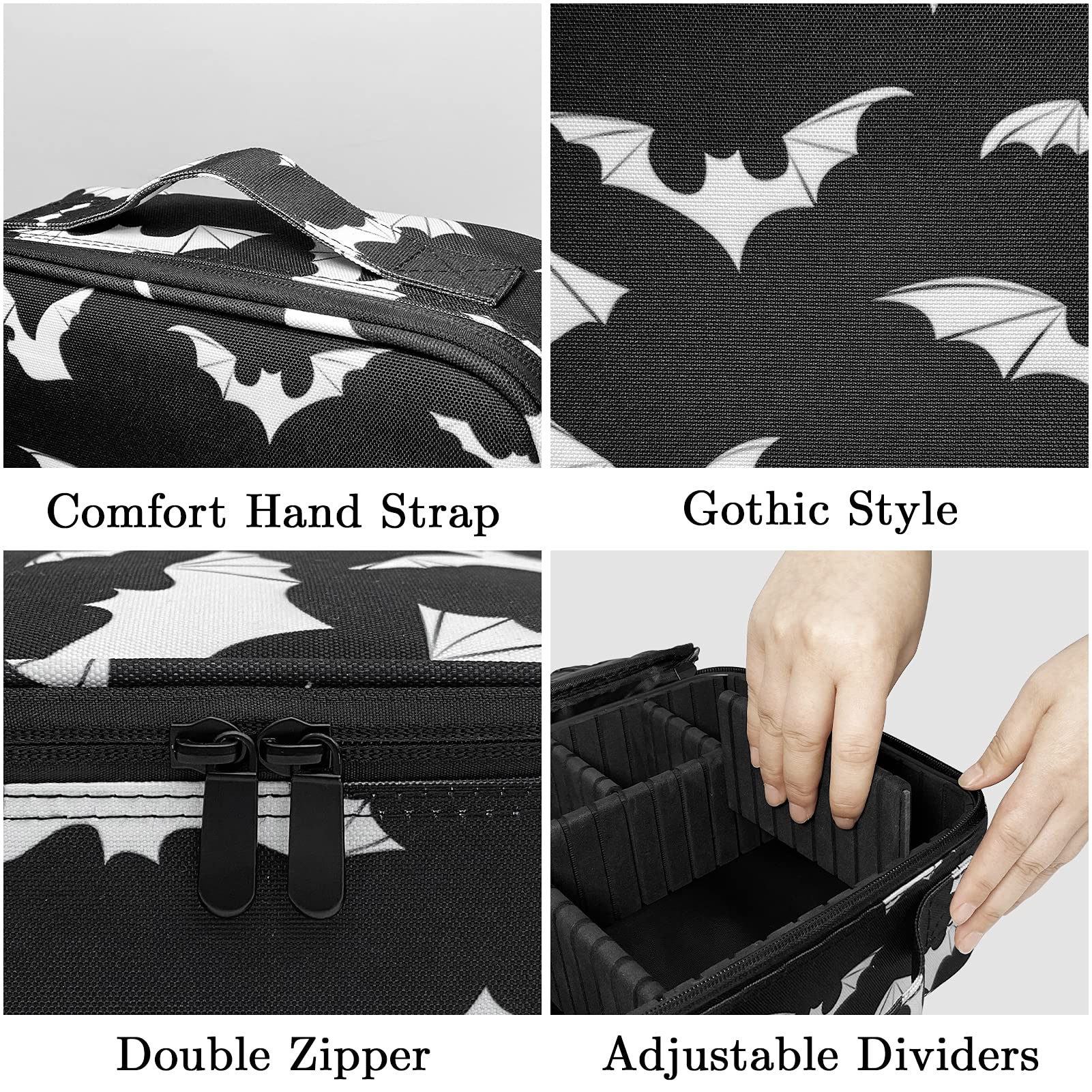 9CH Goth Makeup Organizer Bag, Halloween Makeup Bags Large Cosmetic Bag with Adjustable Dividers Portable Bat Cosmetic Case for Make up Brushes Toiletry Jewelry（Black Bats）: Goth Bats-1