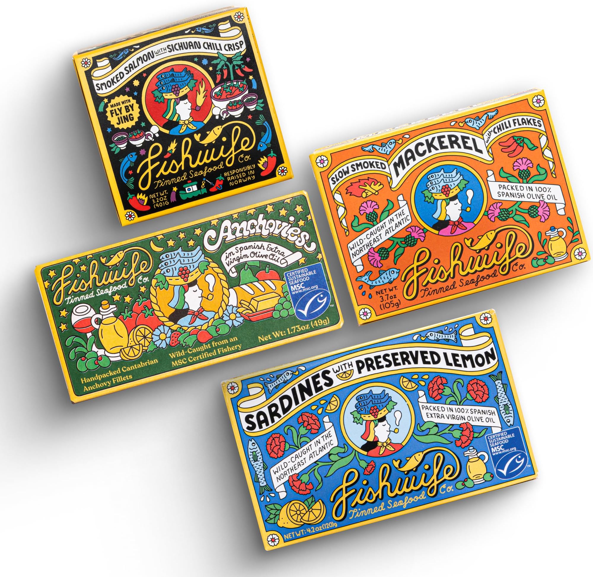 Fishwife Tinned Fish Forever 4-Pack (FBJ Salmon, Mackerel, Sardines with Lemon, Anchovies) | Gluten Free, High Protein | Wild-Caught and Hand-Packed