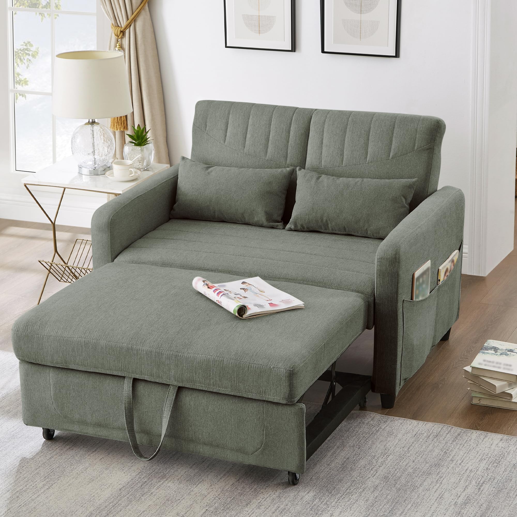 Divano letto a 2 posti con funzione di sonno, piccolo divano letto, 166 x 114 cm, divano pieghevole 3 in 1, allungabile con schienale regolabile, tasche laterali, tessuto di cotone e lino (verde