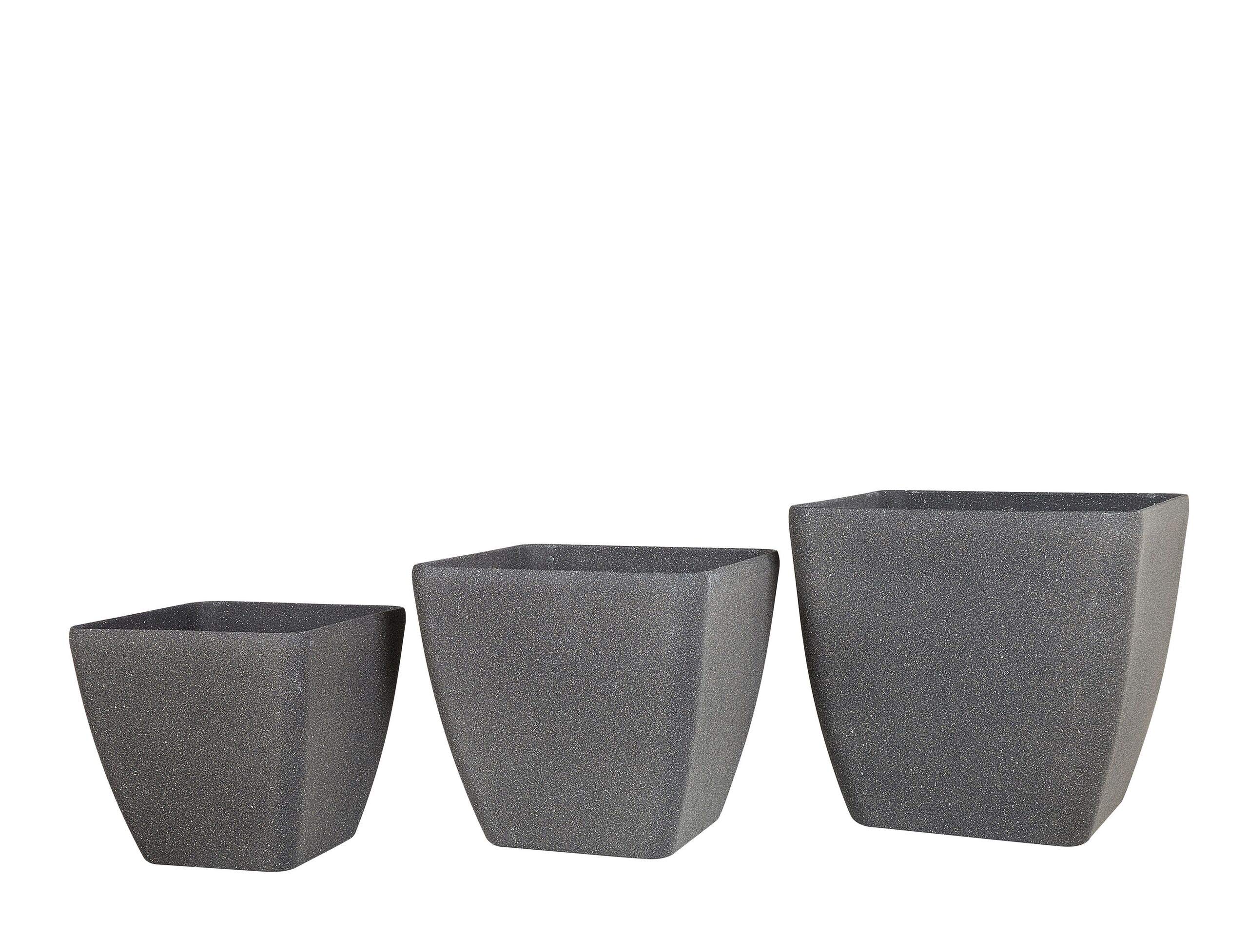 3 Modern Plant Pot Set Grey Stone Mixture Flower Pot Square Outdoor Indoor Zeli