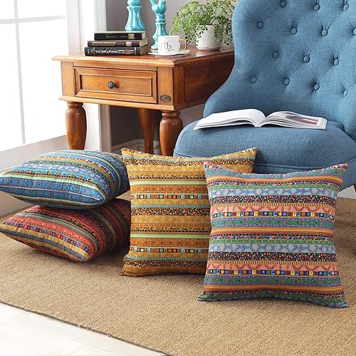 Miniatura 5 de TAOSON funda de almohadón pequeño para sofá, con forro de mezcla de algodón, estilo antiguo bohemio, a rayas de color rojo, dorado, verde y azul,