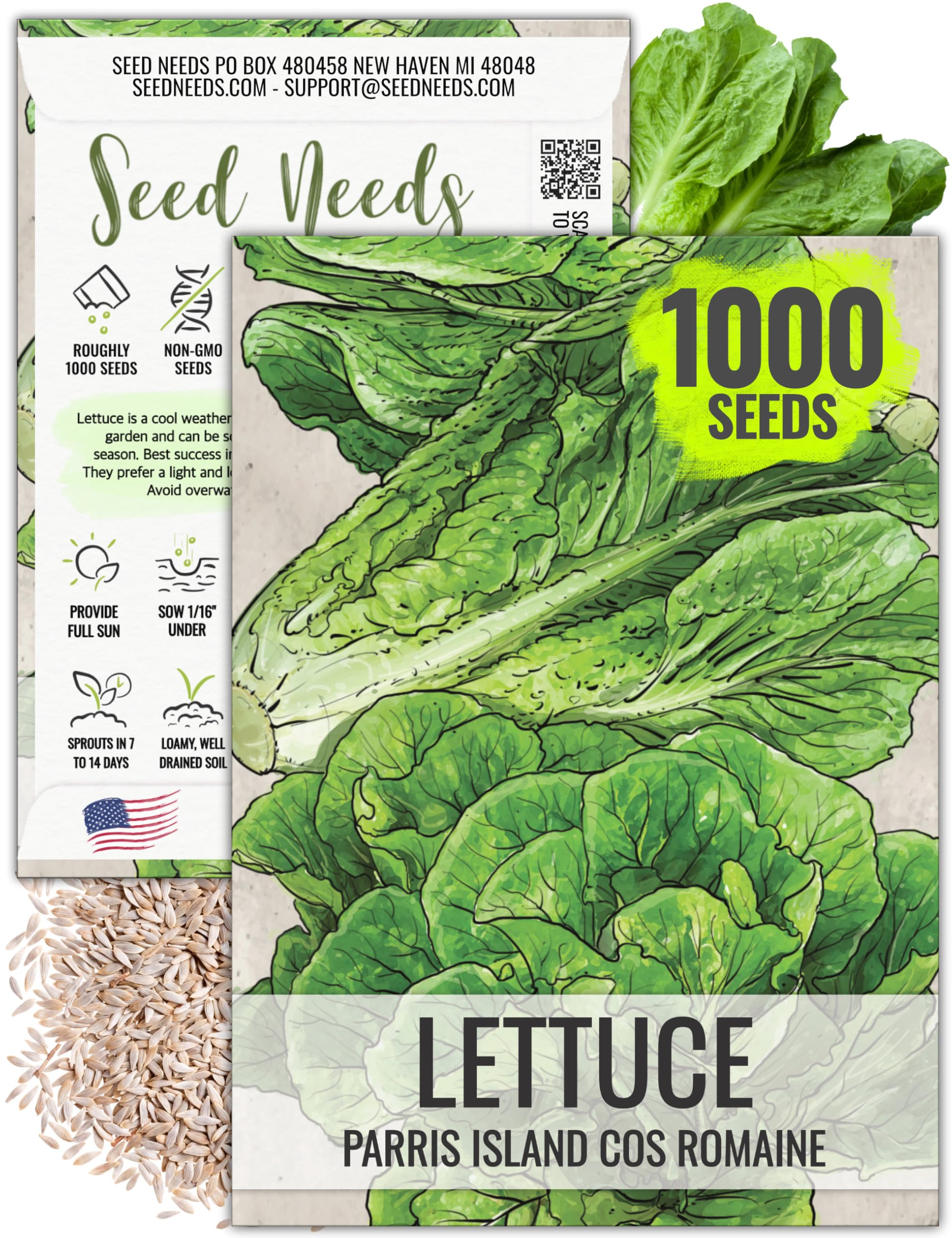 Seed Needs Romaine Lettuce Seeds for Planting Parris Island COS - Non-GMO Heirloom & Untreated Annual Cool Weather Crops - Grow a Home Grown Outdoor Vegetable Garden (1 Pack)