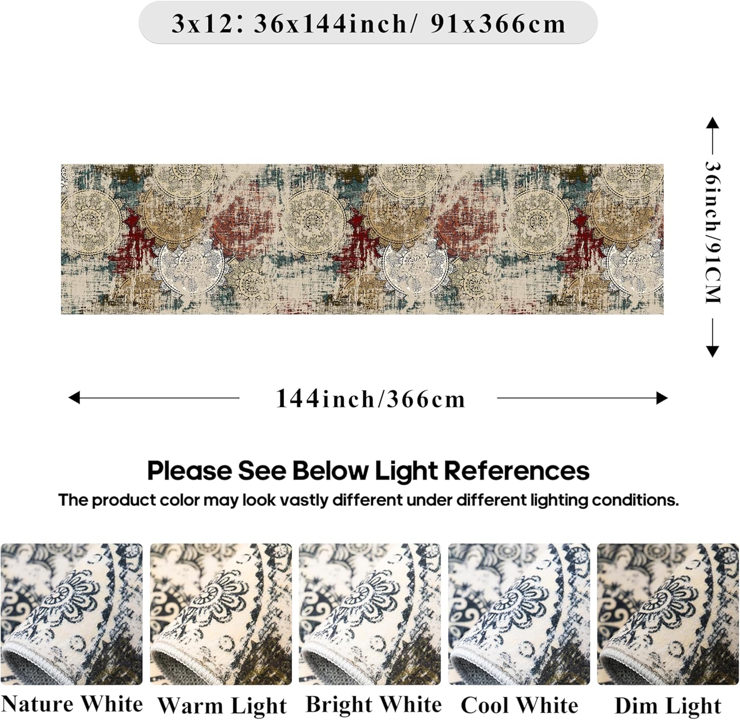 3x12 Runner Rug for Hallway - Long Kitchen Runner Machine Washable Non Slip Rug Moroccan Floor Mat Low Pile Indoor Carpet for Bedroom Entryway 3x12 Red Green Multi