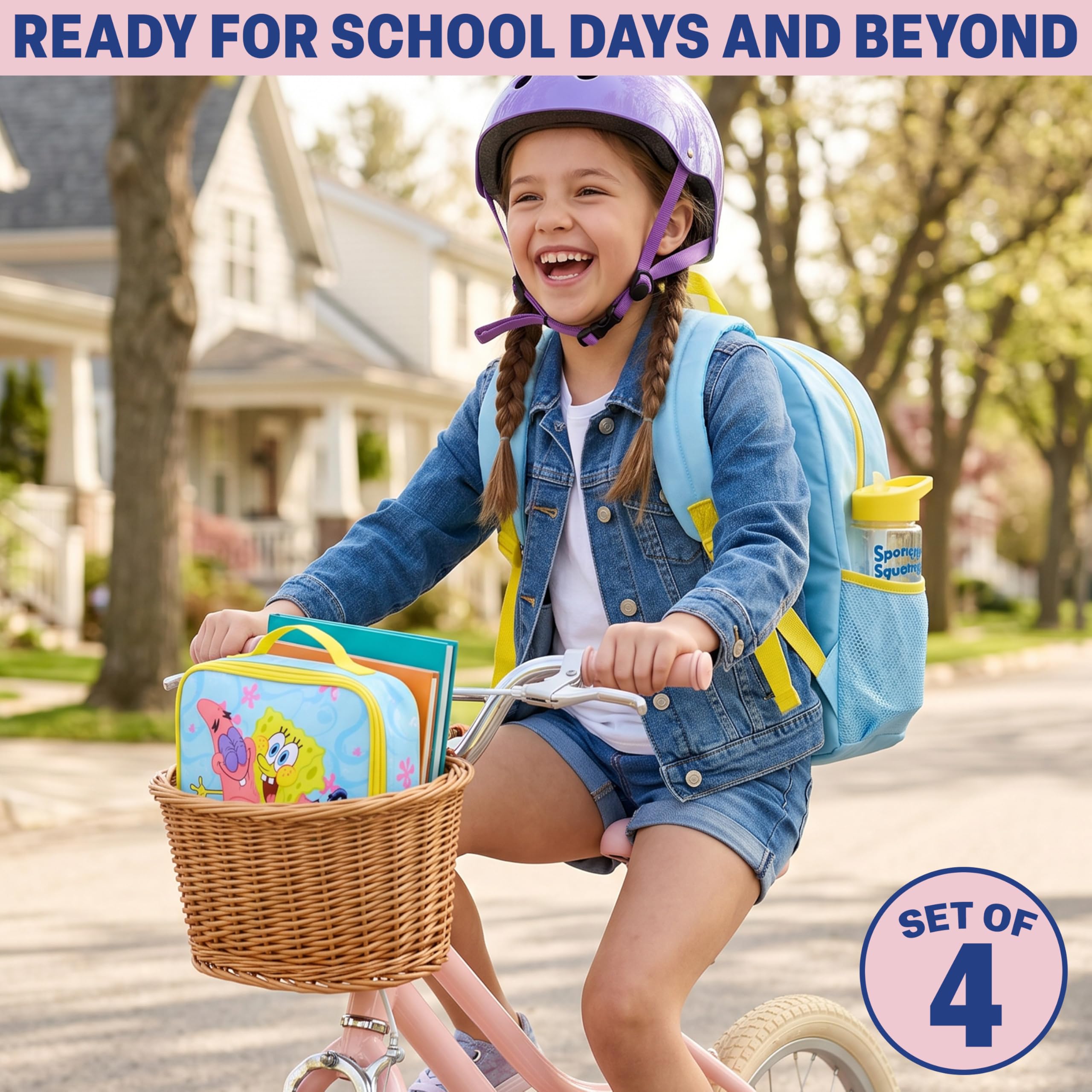 Get Trend Bob Esponja Mochila Escolar Set, 4 Piezas con Grande Mochila Niña 46cm, 500ml Botella Agua Sin BPA, Estuche Escolar y Bolsa Isotermica (Azul Claro/Amarillo Spongebob)