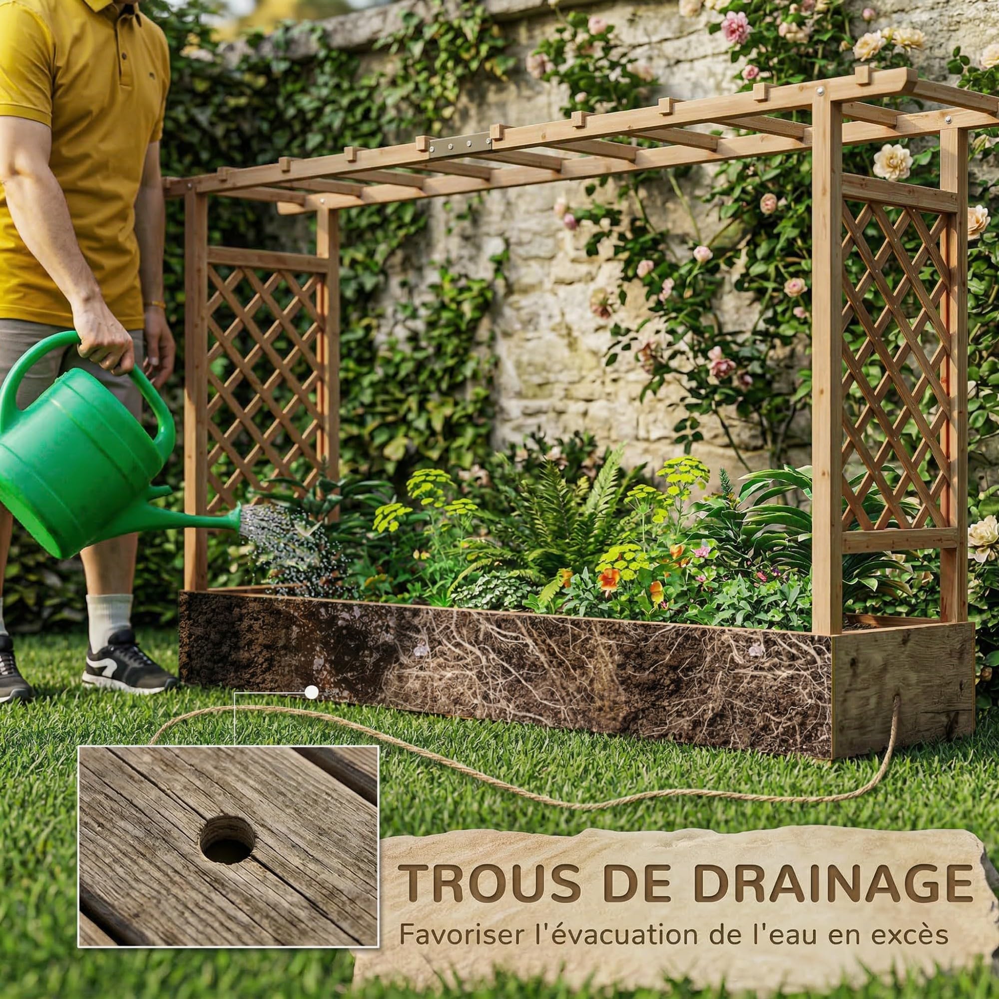 Outsunny Jardinière Surélevée avec Treillis Latéral et Supérieur, bac à Fleurs, lit surélevé Trous de Drainage, pour Plantes grimpantes, Fleurs, extérieur, Bois Massif, 200x44x113,5cm, Bois Naturel