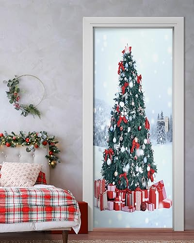 FLFK Mural de puerta para despegar y pegar, árbol de Navidad con regalos en paisaje nevado, tamaño combinado 32 x 80 pulgadas, dividido en 2 piezas