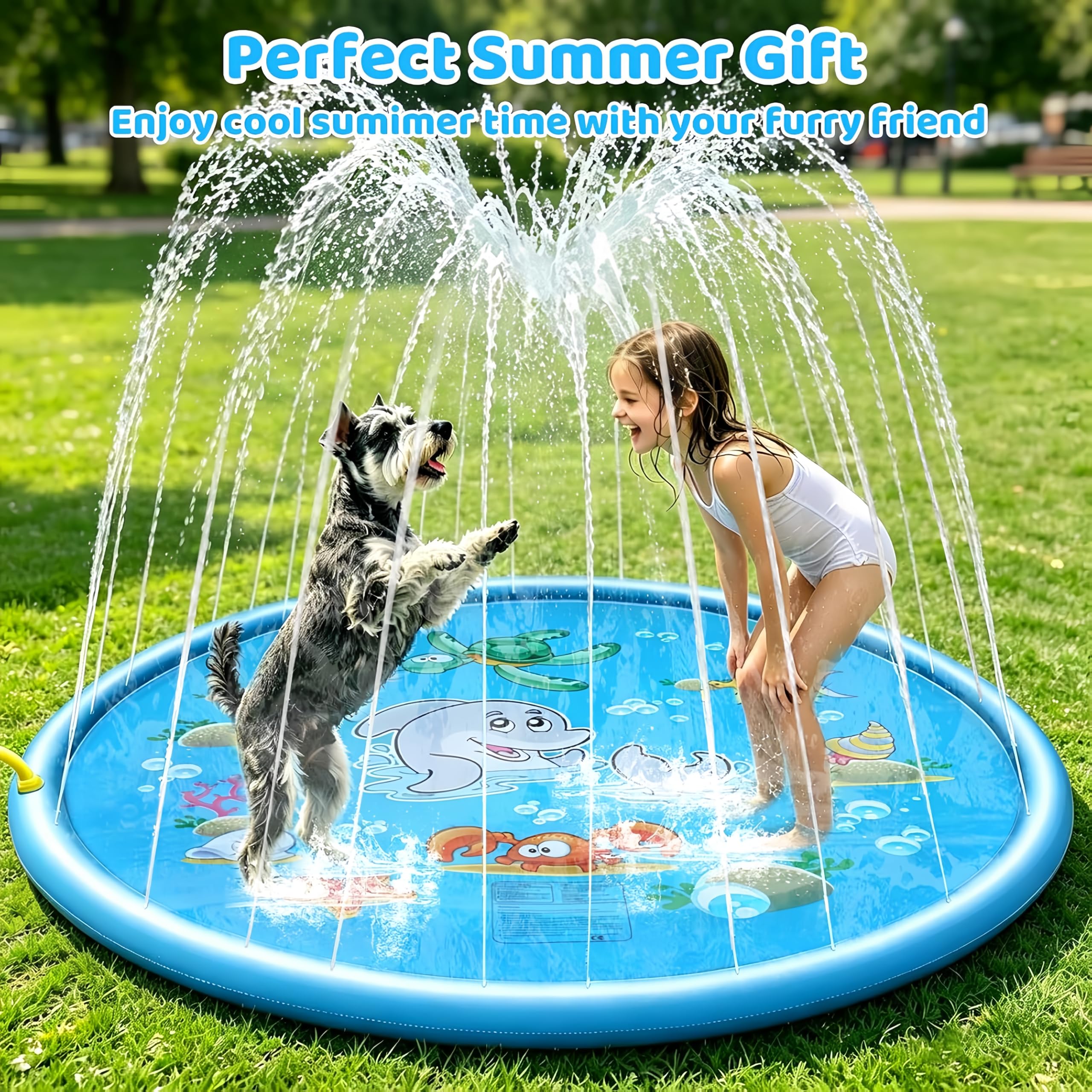 Splash pad Wasserspielzeug Kinder, 170CM Sprinkler Wasser Spielmatte für Draußen, Outdoor Garten, Hunde Pool Wassermatte für Sommer Sprinklerauflage Spielzeug für Kinder (Abgerundeter Rand)