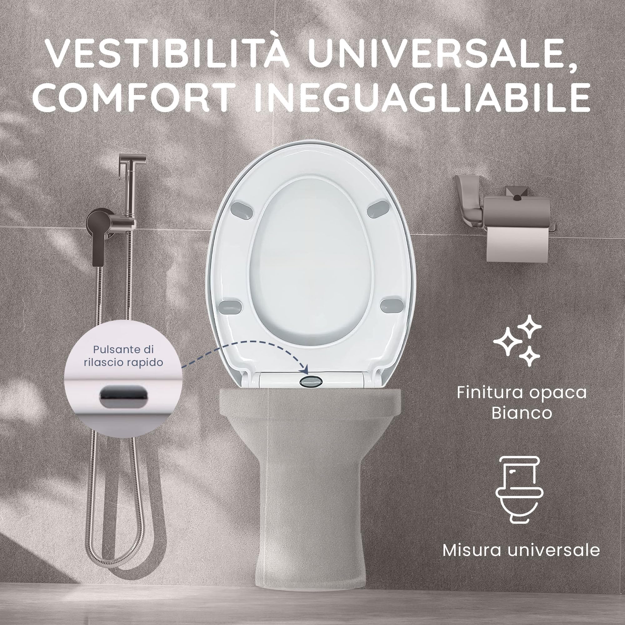 CUQOO Sedile WC ovale con chiusura rallentata, a sgancio rapido, a forma di O, chiusura rallentata, con cerniere regolabili (comfort classico)