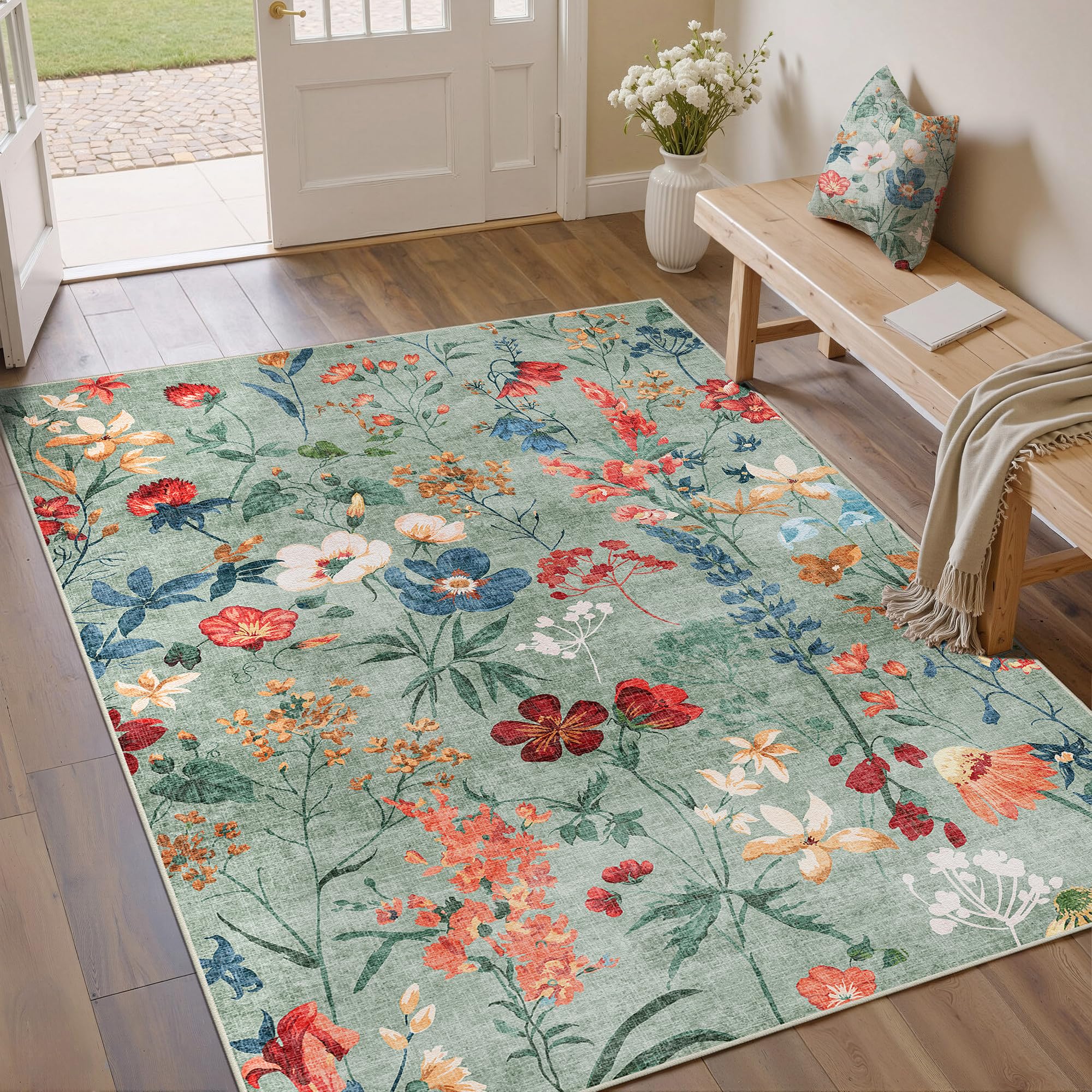 HUGEAR Rugs Living Room Green Washable Flower Area Rug 80x150cm Non Slip Boho Natural Modern Floral Large Carpet Dining Room Bedroom Kitchen Hall Lounge Office Low Pile Soft Carpets